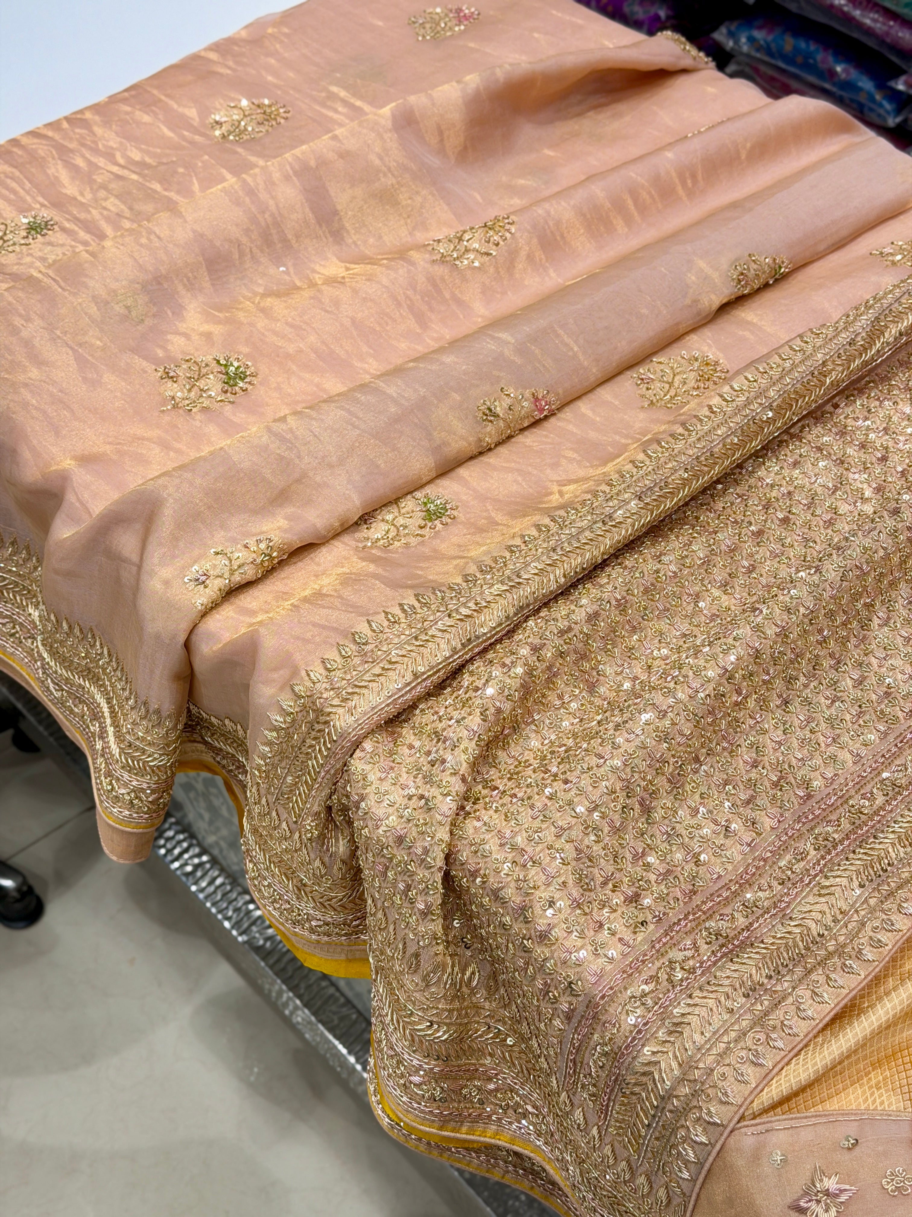 Pink Banarasi Tissue Handloom Kadwa Weave Zardosi Embroidery Saree