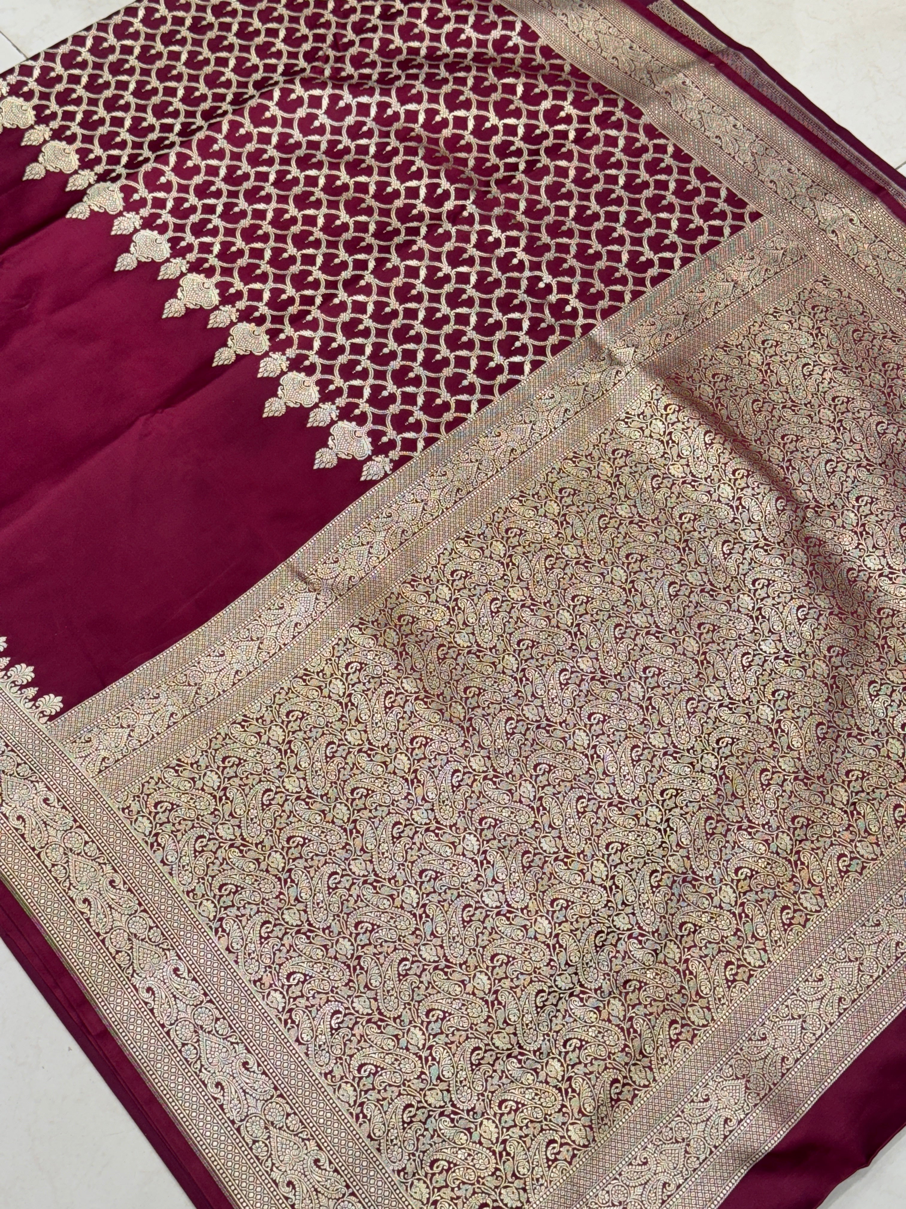 Wineish Maroon Banarasi Silk Half n Half Saree