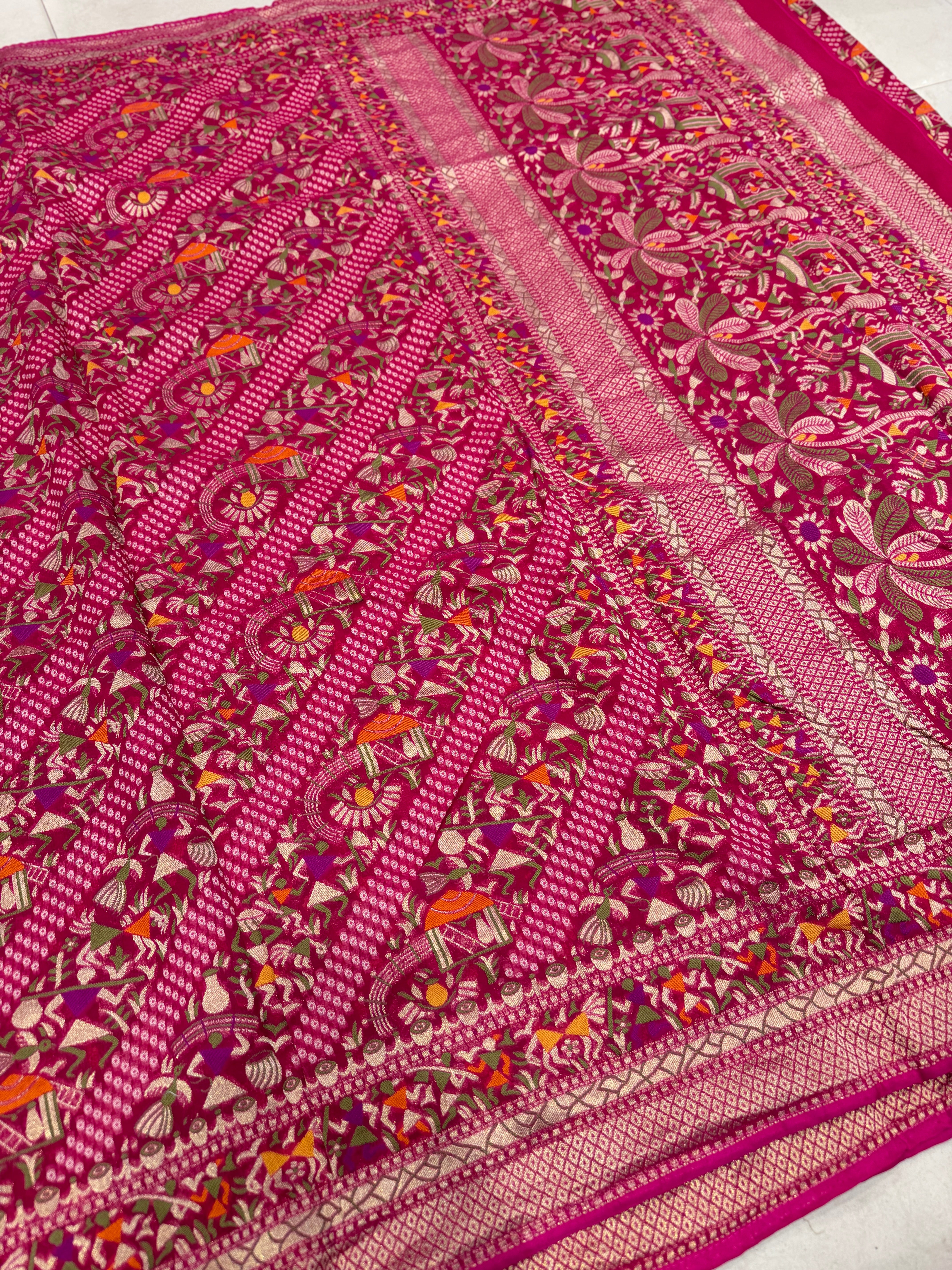 Rani Pink Warli Style Woven Bandhej Georgette Saree