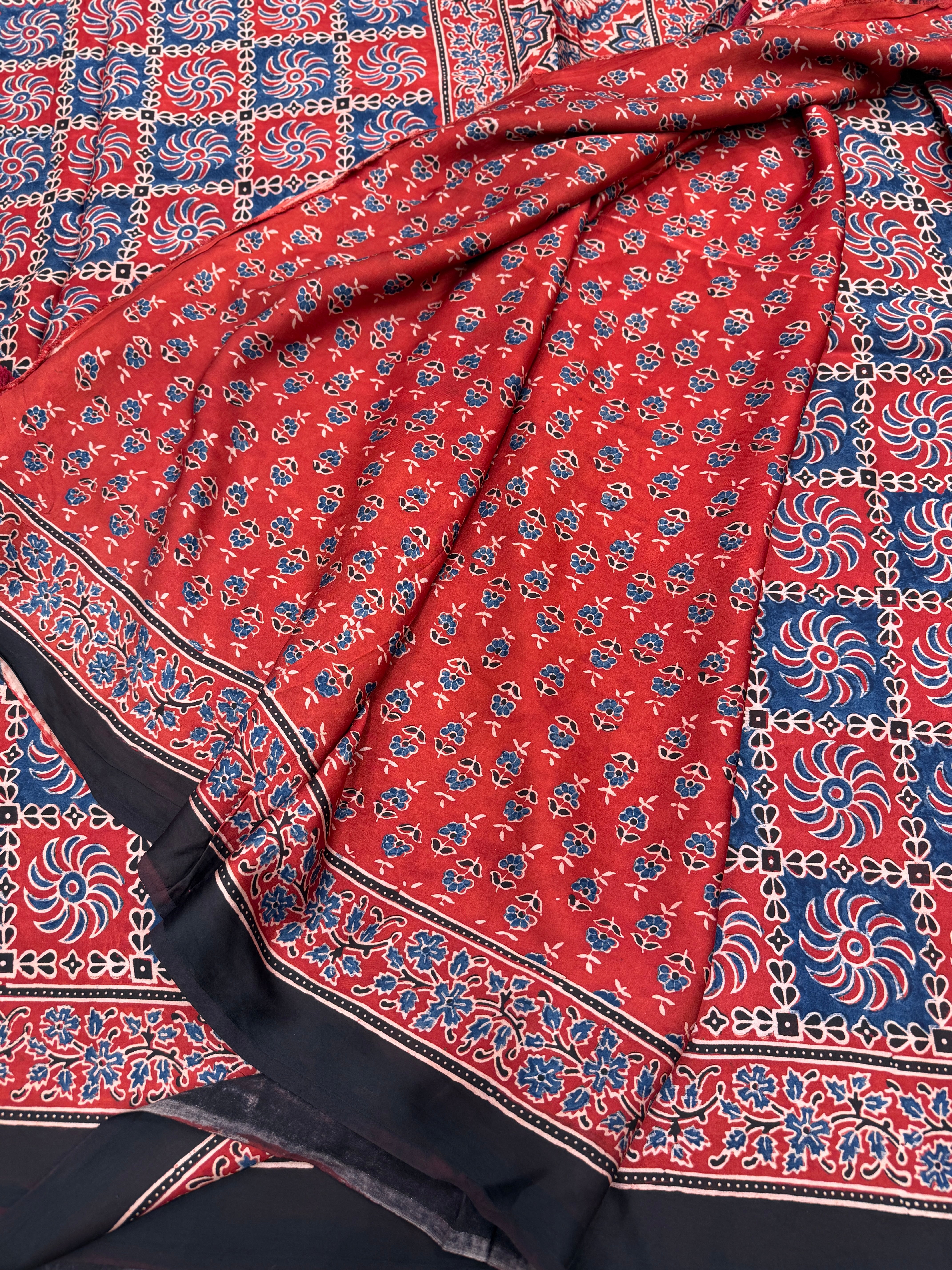 Red Checkered Ajrakh Hand Block Print Pure Gajji Silk Saree