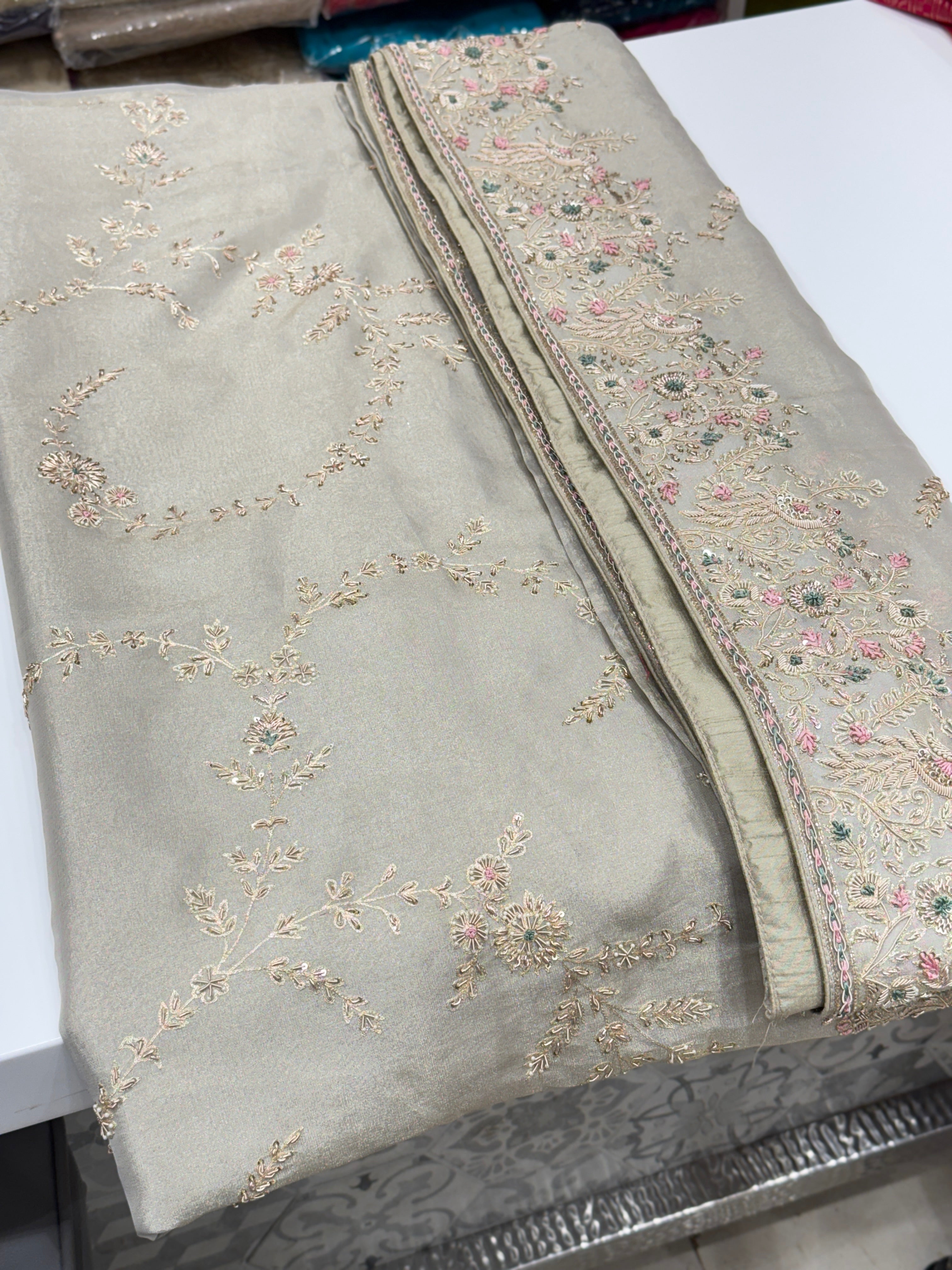 Silver Tissue Saree Zardosi Jaal Hand Embroidery Contrast Blouse