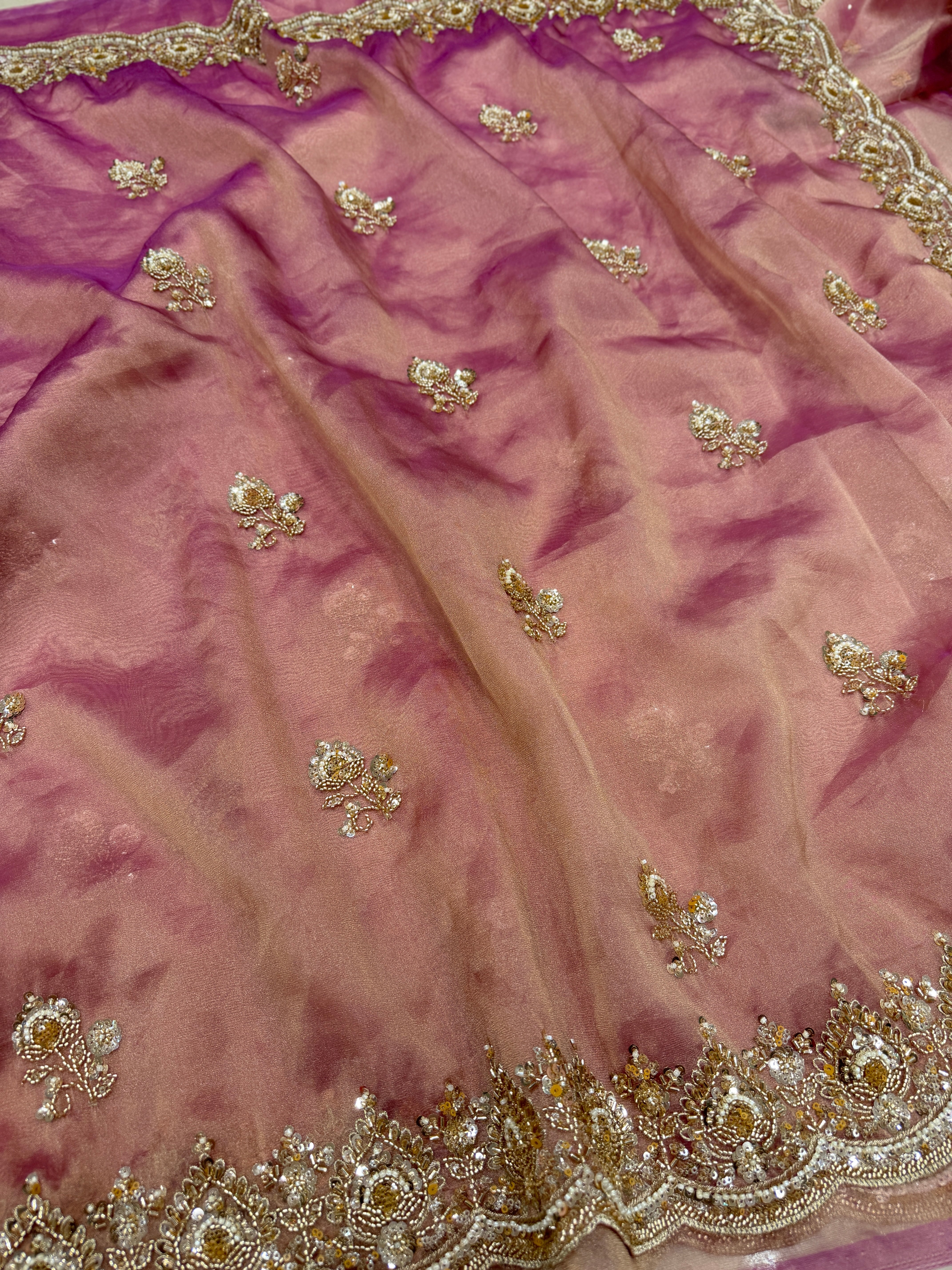 Pink Tissue Organza Moti Sequin Embroidery Heavy Blouse Saree