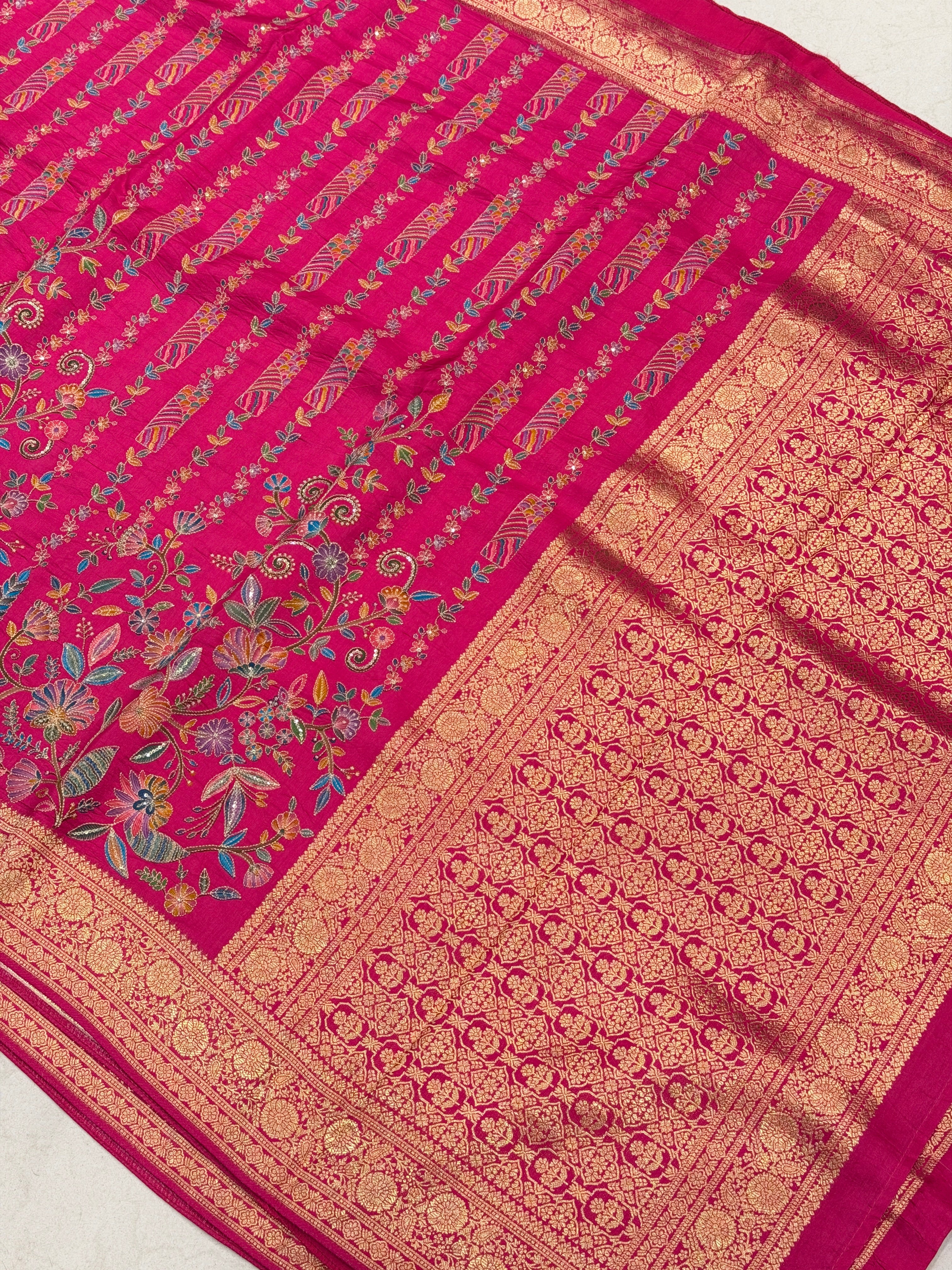Rani Contemporary Banarasi Munga Pita Embroidery Saree