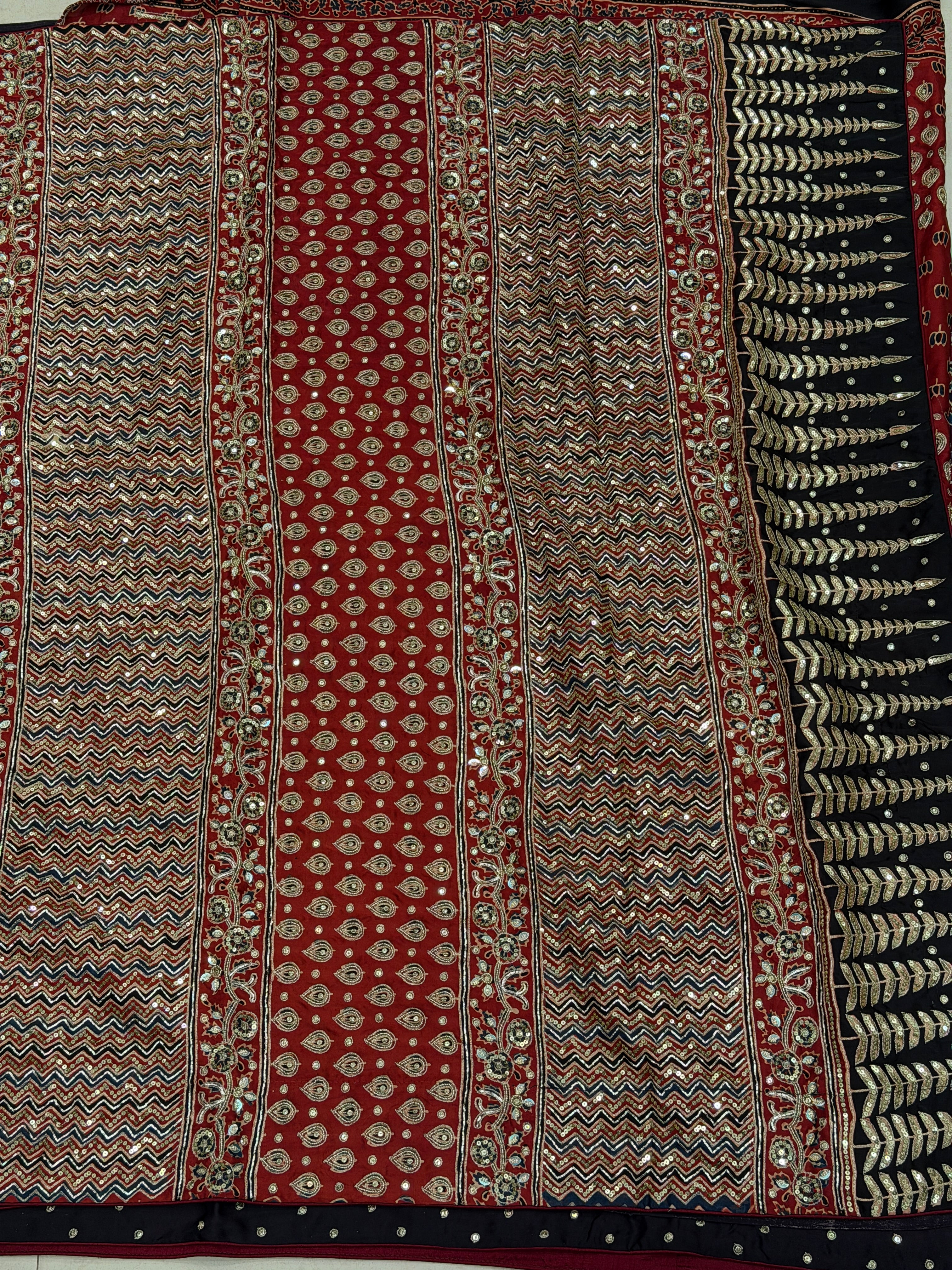 Black Red Badam Butti Zardosi Pita Sequin Ajrakh Hand Embroidery Saree