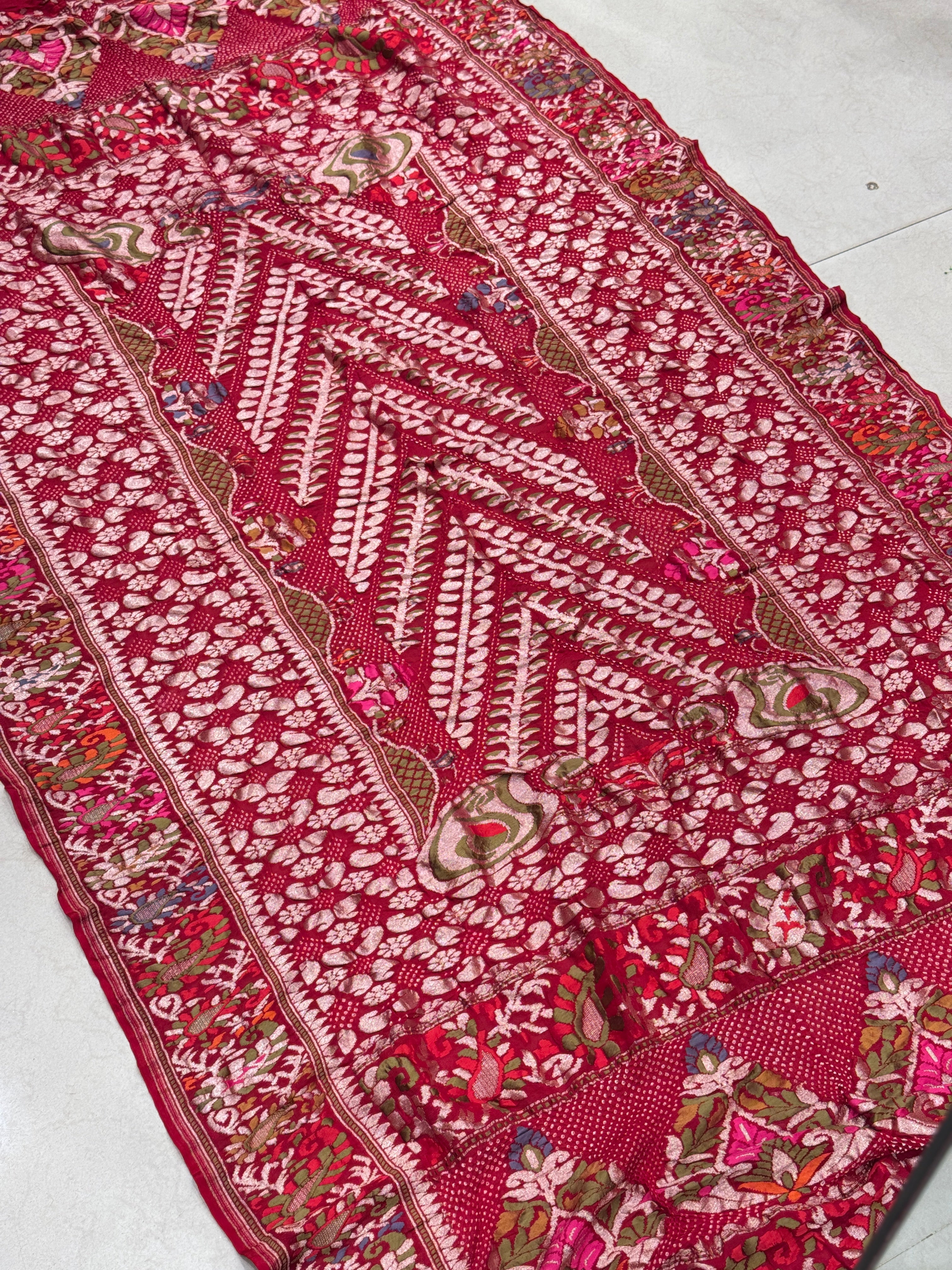 Red Pashmina Style Handloom Meenakari Rai Bandhej Pure Zari Dupatta
