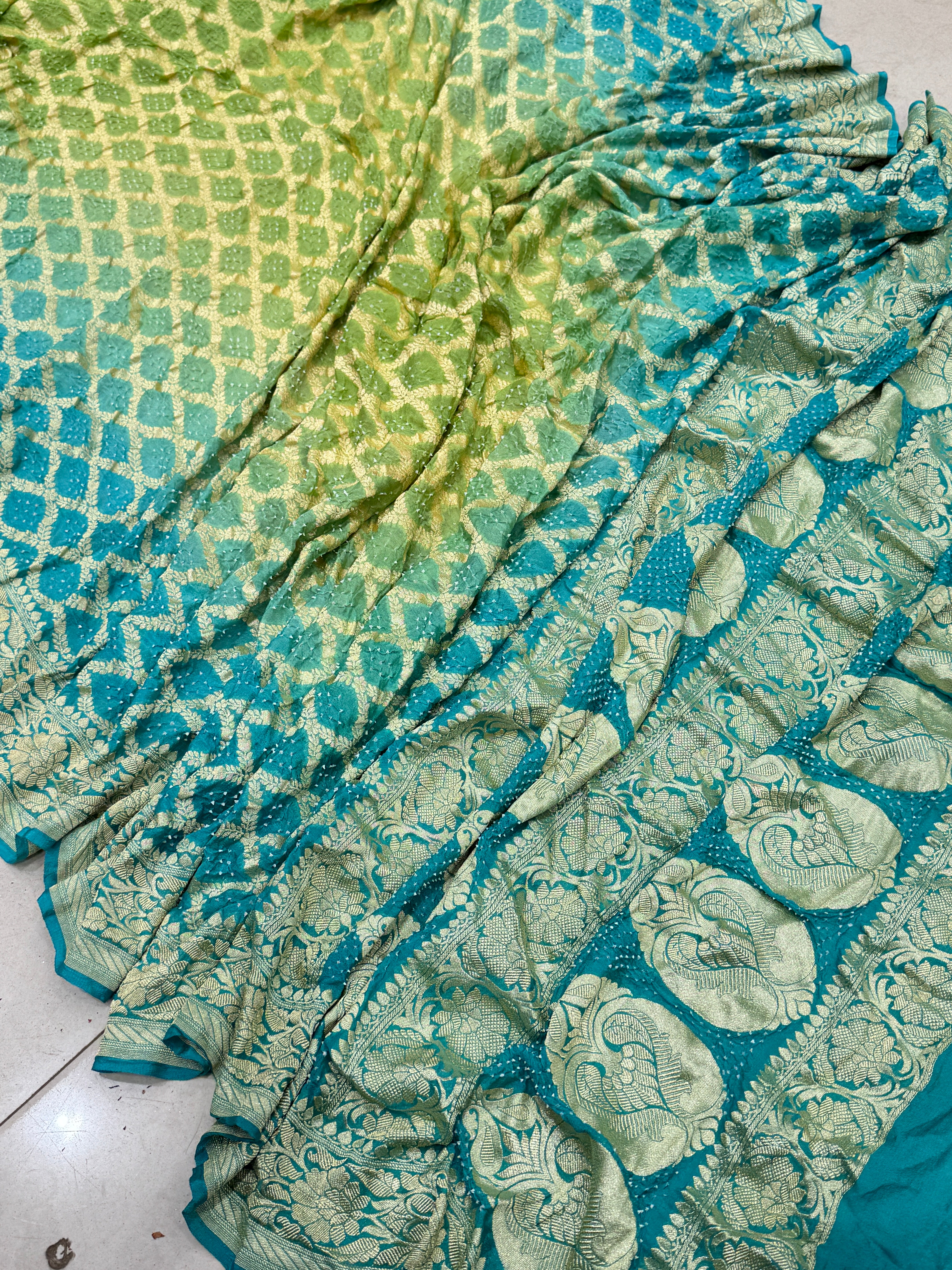 Shaded Green Blue Bandhej Bandhini Saree