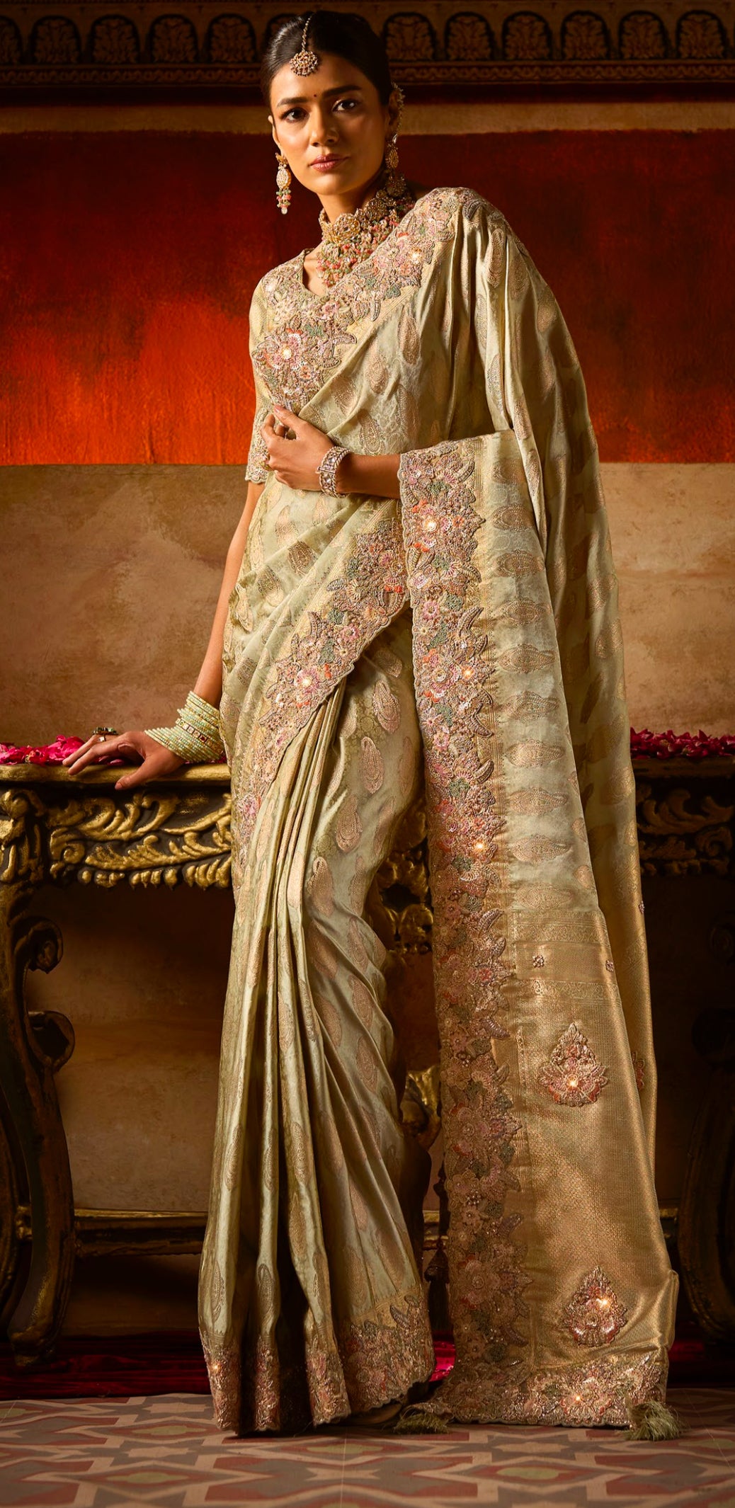 Pista Banarasi Resham Zari Embroidery Saree