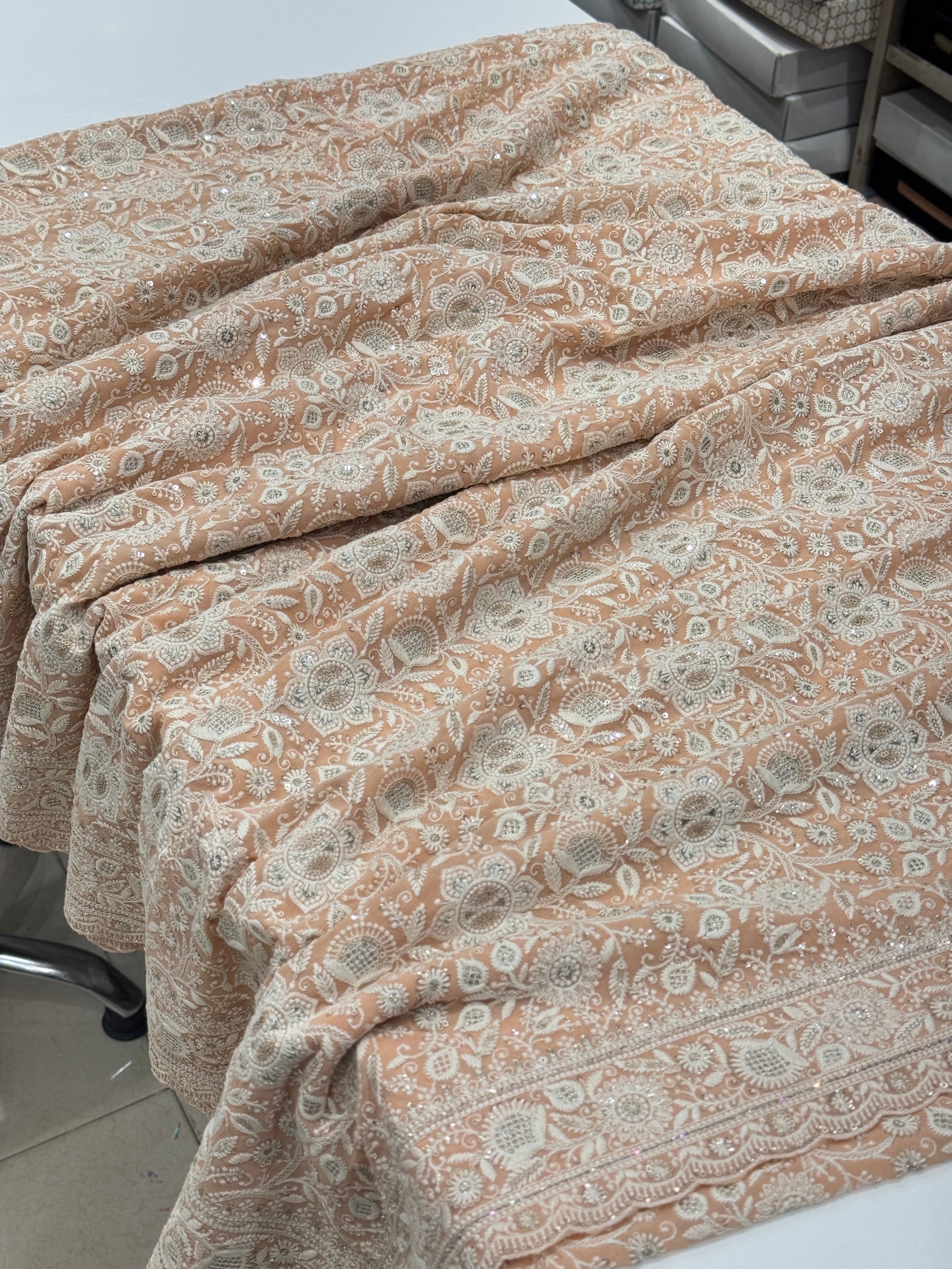 Peach Chikankari Small Scallop Design Saree