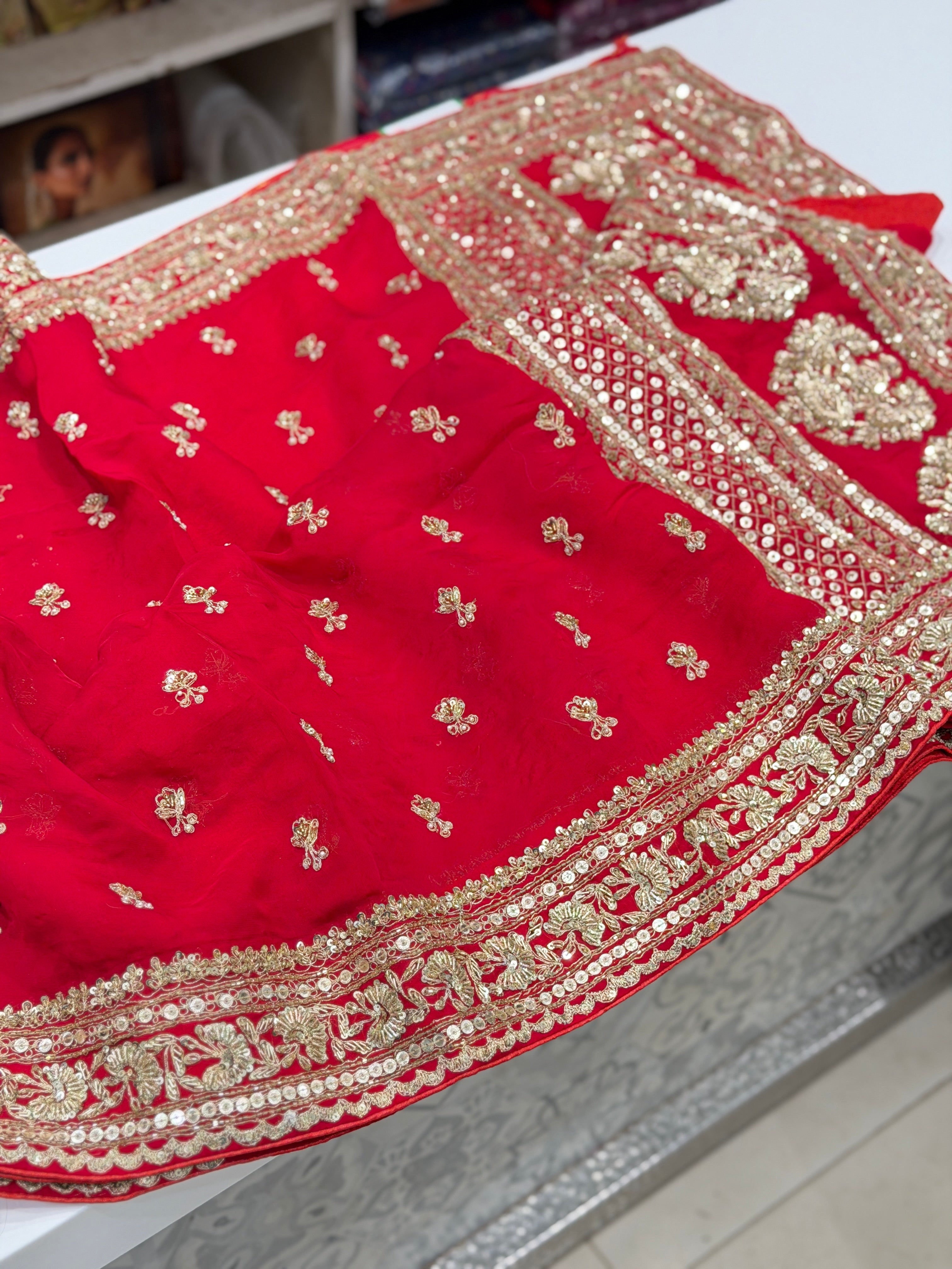 Red Satin Organza Sabyasachi Inspired Zardozi Butti Saree