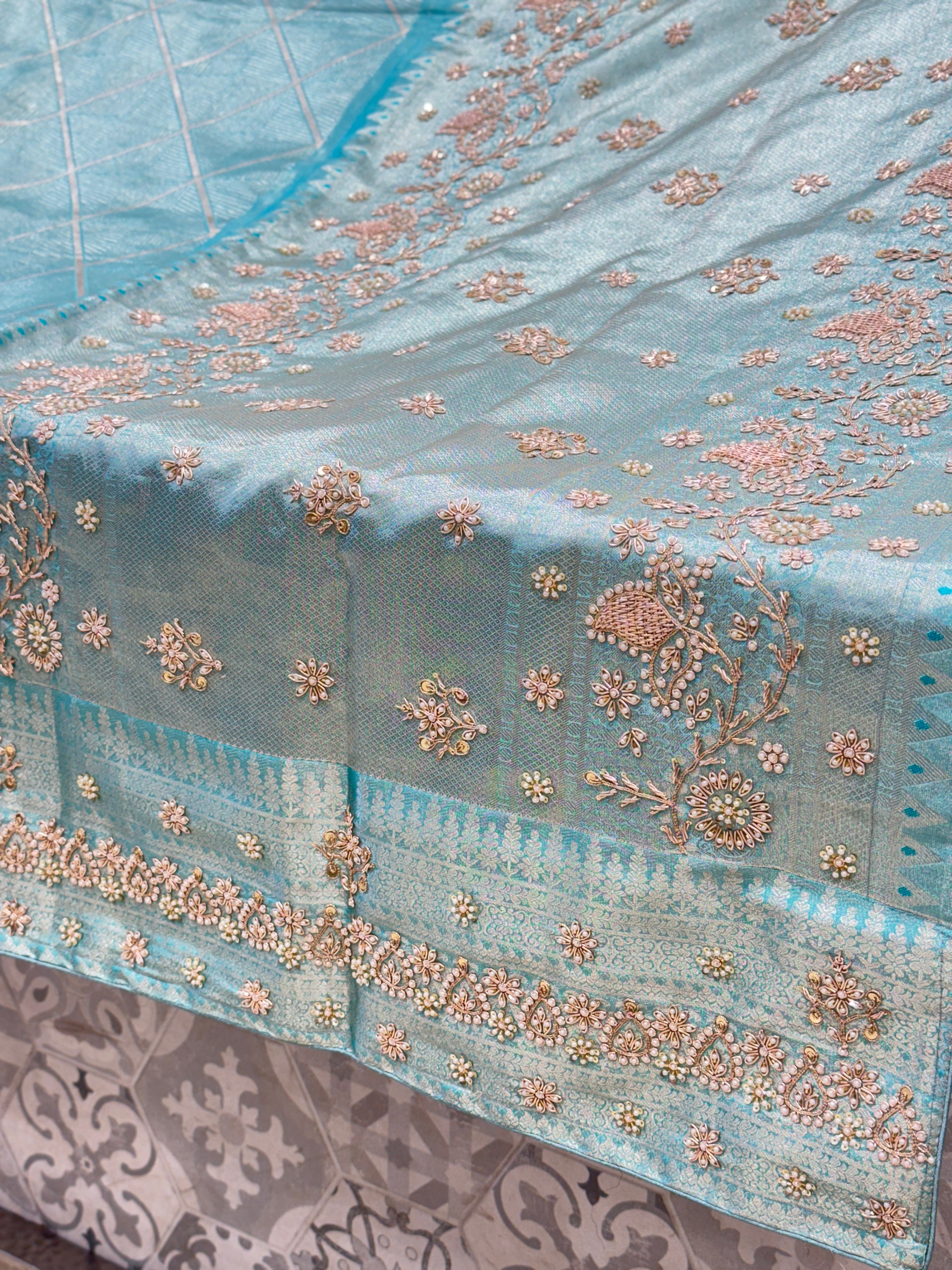 Sea Green Kanjivaram Zardosi Hand Embroidery Saree