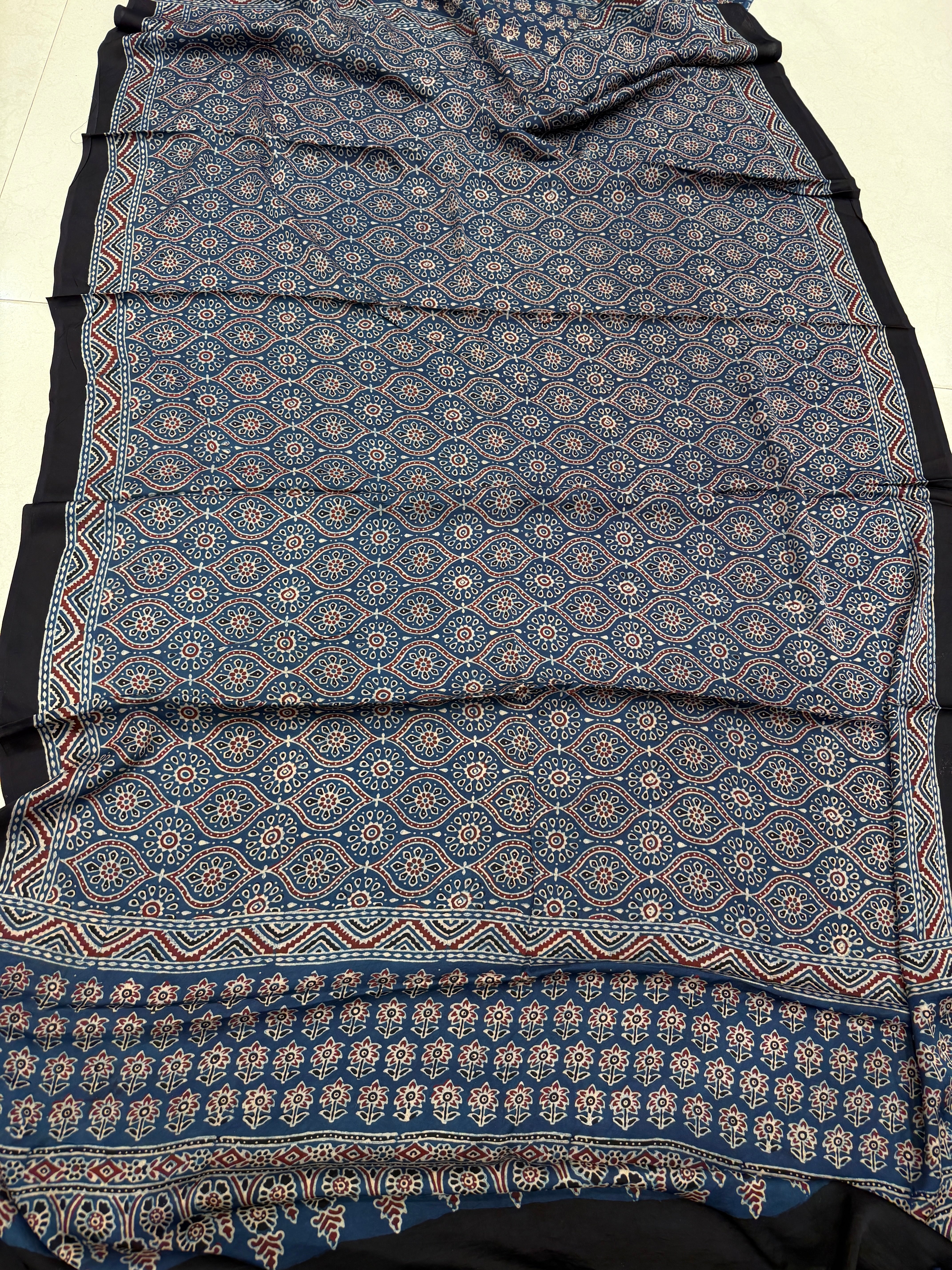 Blue Badam Jaal Ajrakh Hand Block Print Pure Gajji Silk Dupatta
