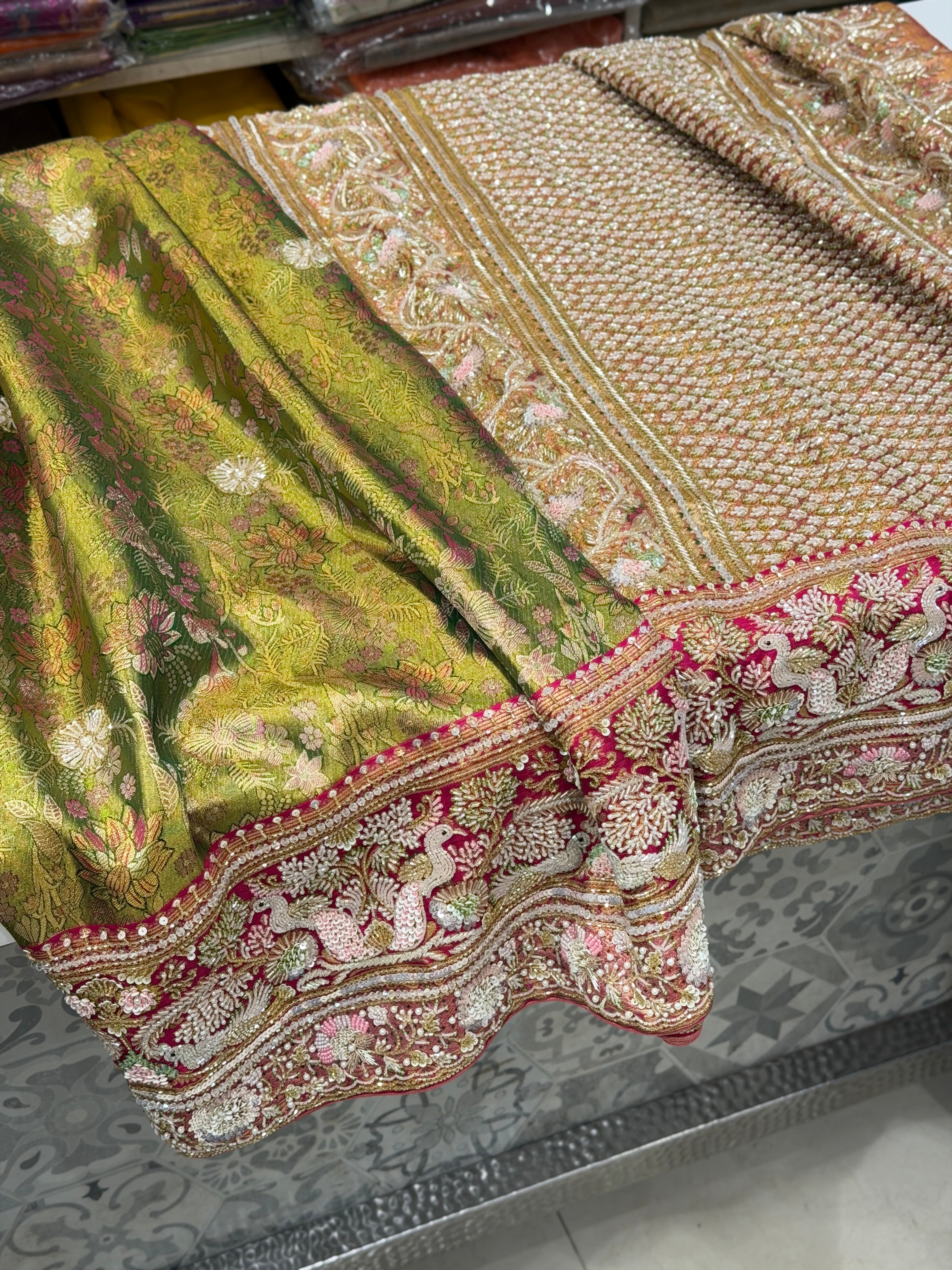 Green Contrast Meenakari Tissue Kanjivaram Zardosi Hand Embroidery Saree