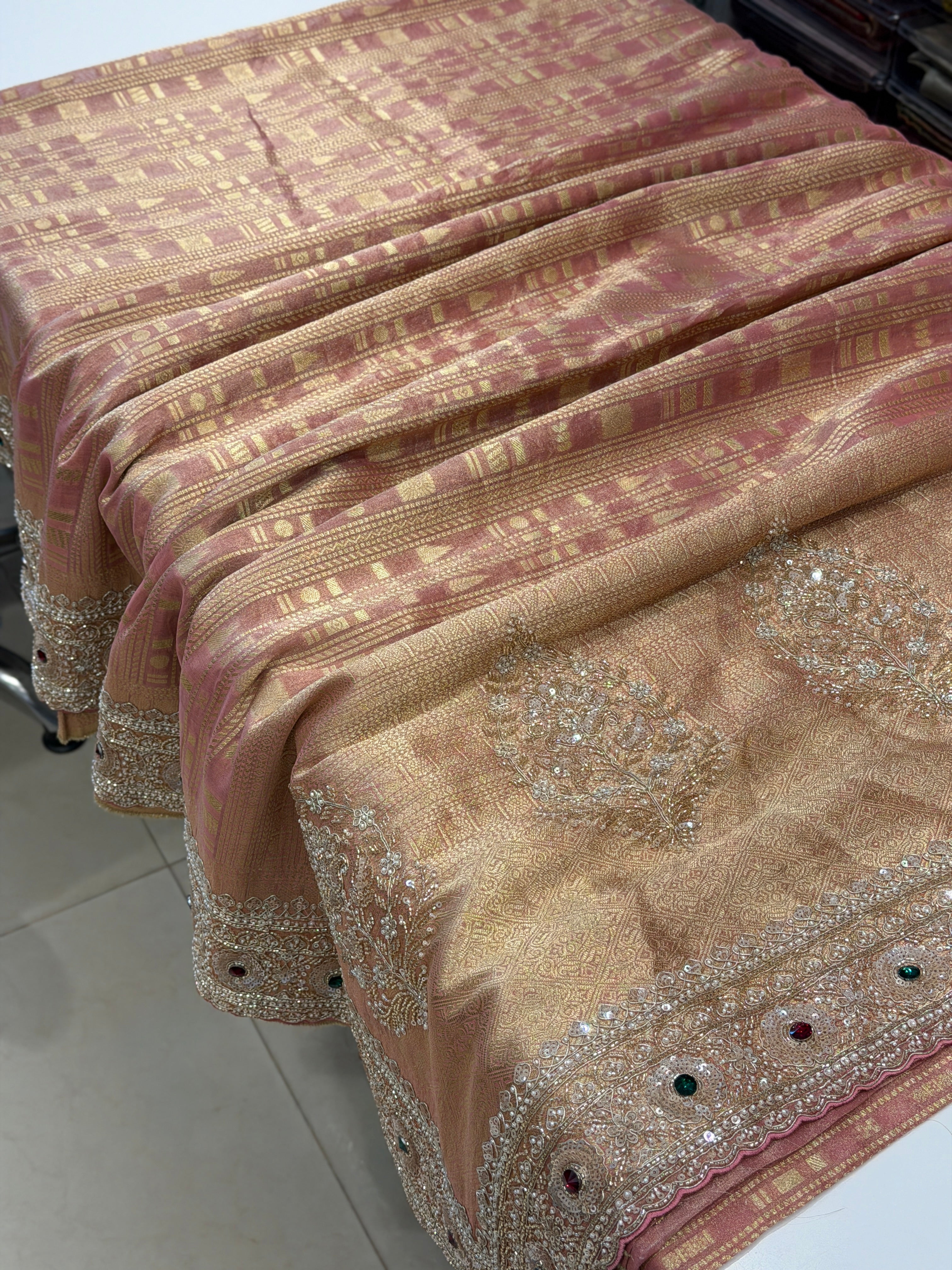 Pink Banarasi Crepe Tissue Silk Contemporary Weave Crystal Embroidery Saree