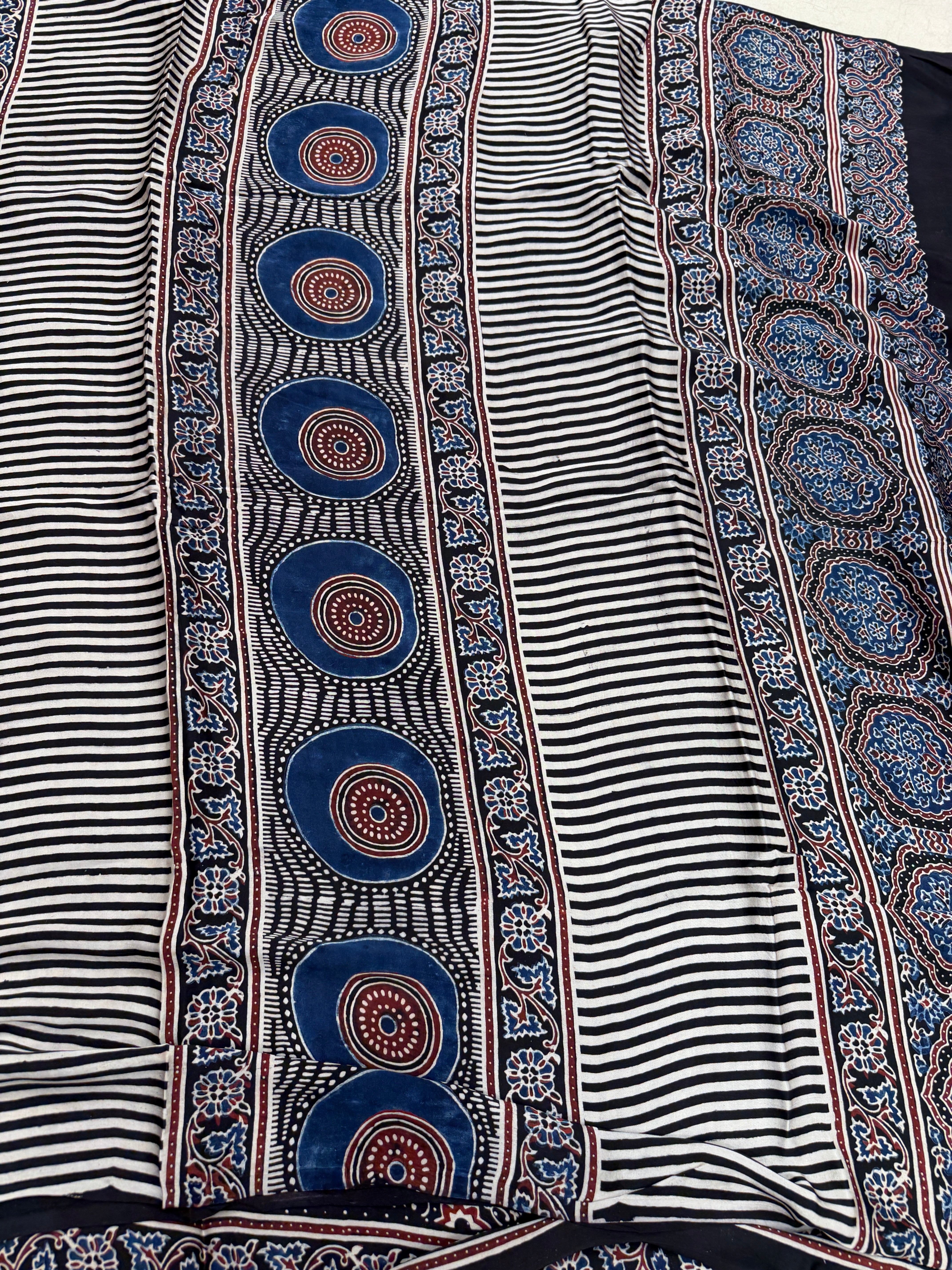 Black Contemporary Ajrakh Hand Block Print Pure Gajji Silk Saree