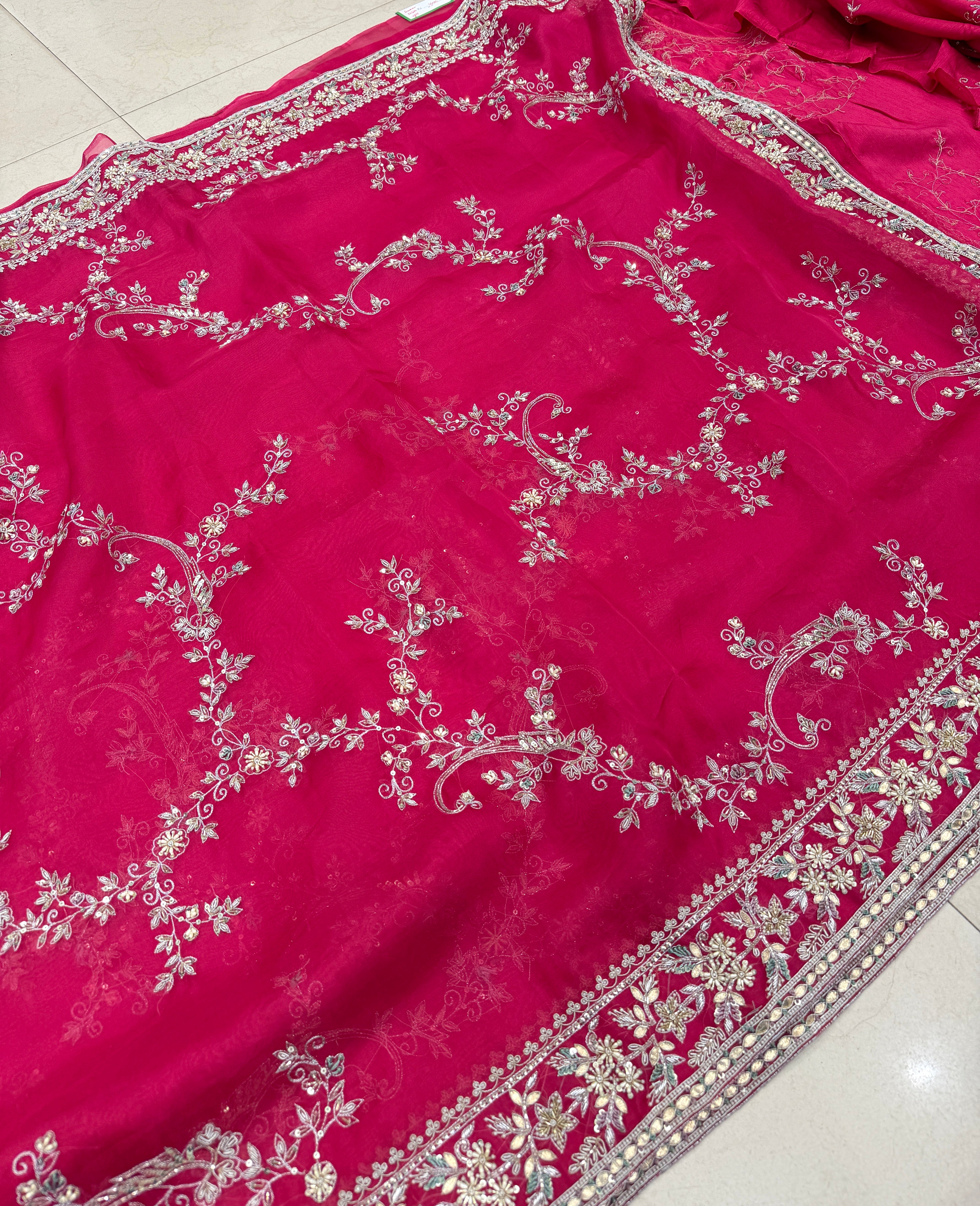 Rani Pink Organza Zardosi Gota Resham Hand Embroidery Saree