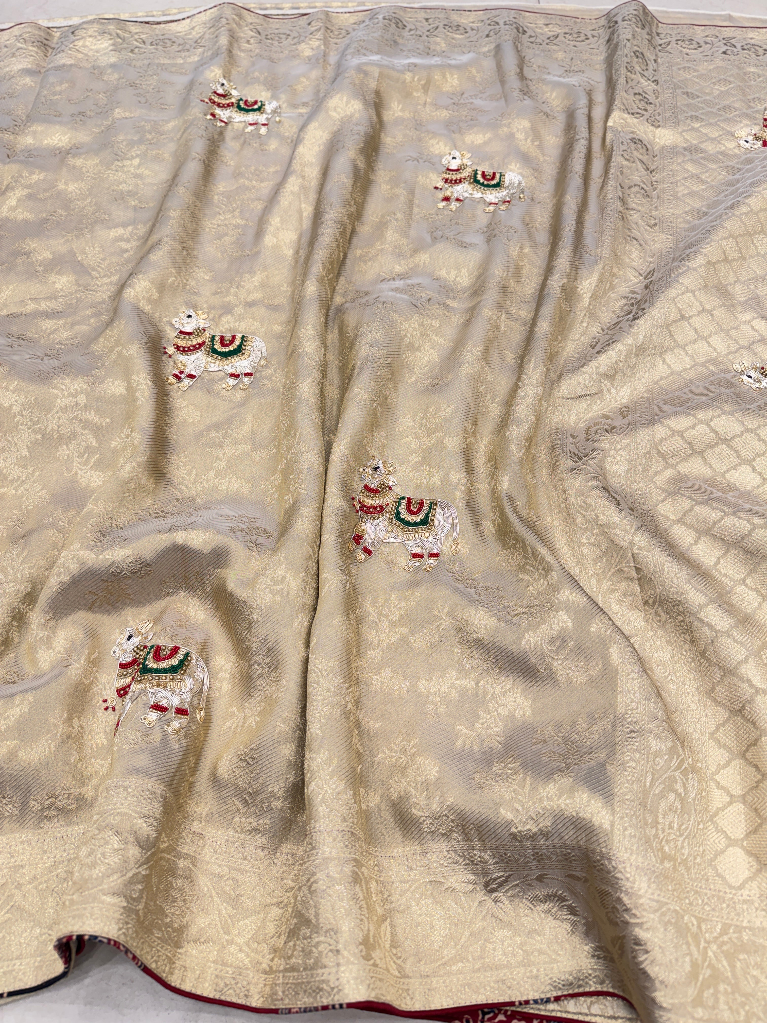 Golden Soft Tissue Zardosi Moti Hand Embroidery Nandi Motif Saree