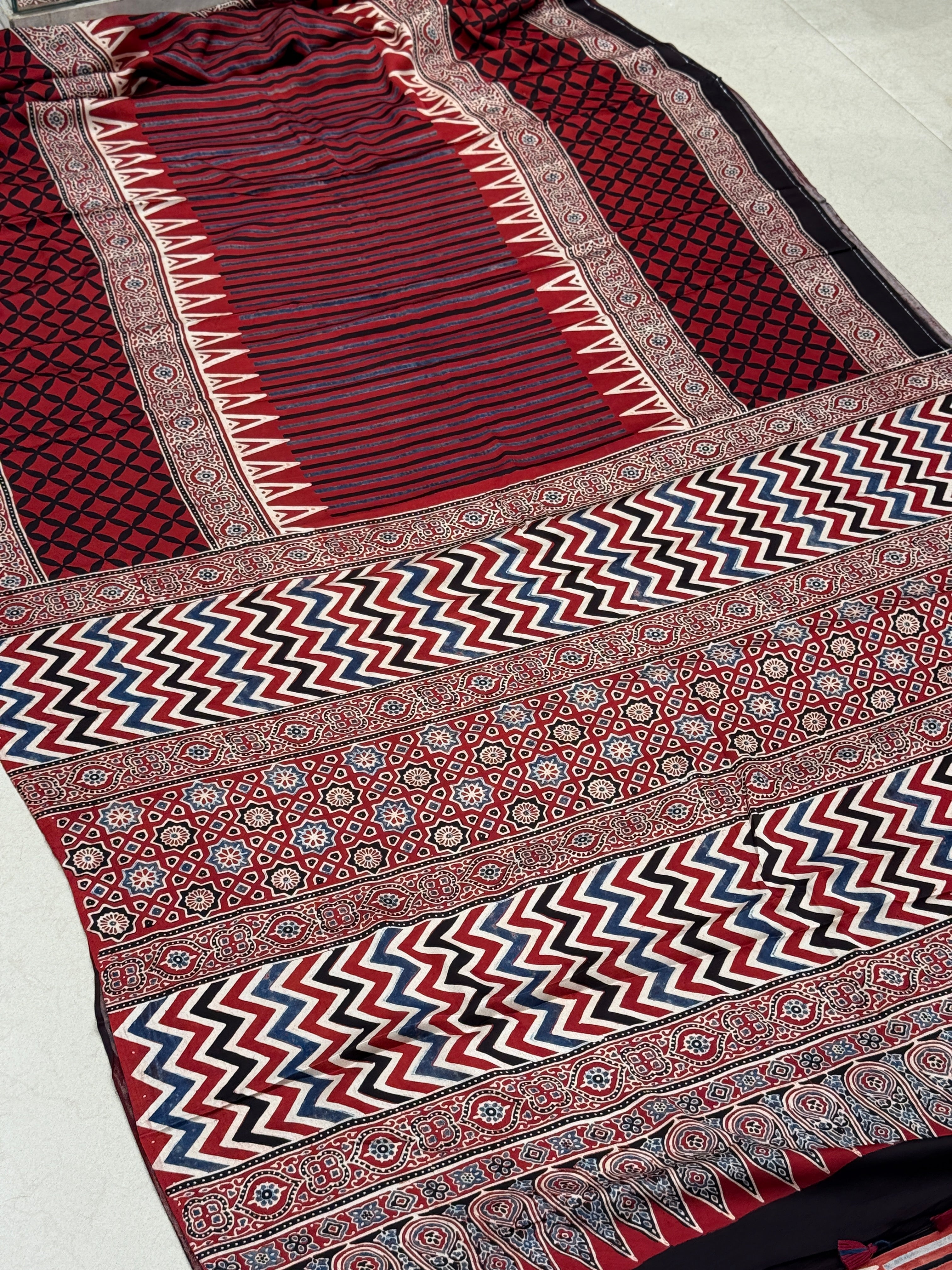 Red Line Contemporary Modal Gajji Silk Ajrakh Saree