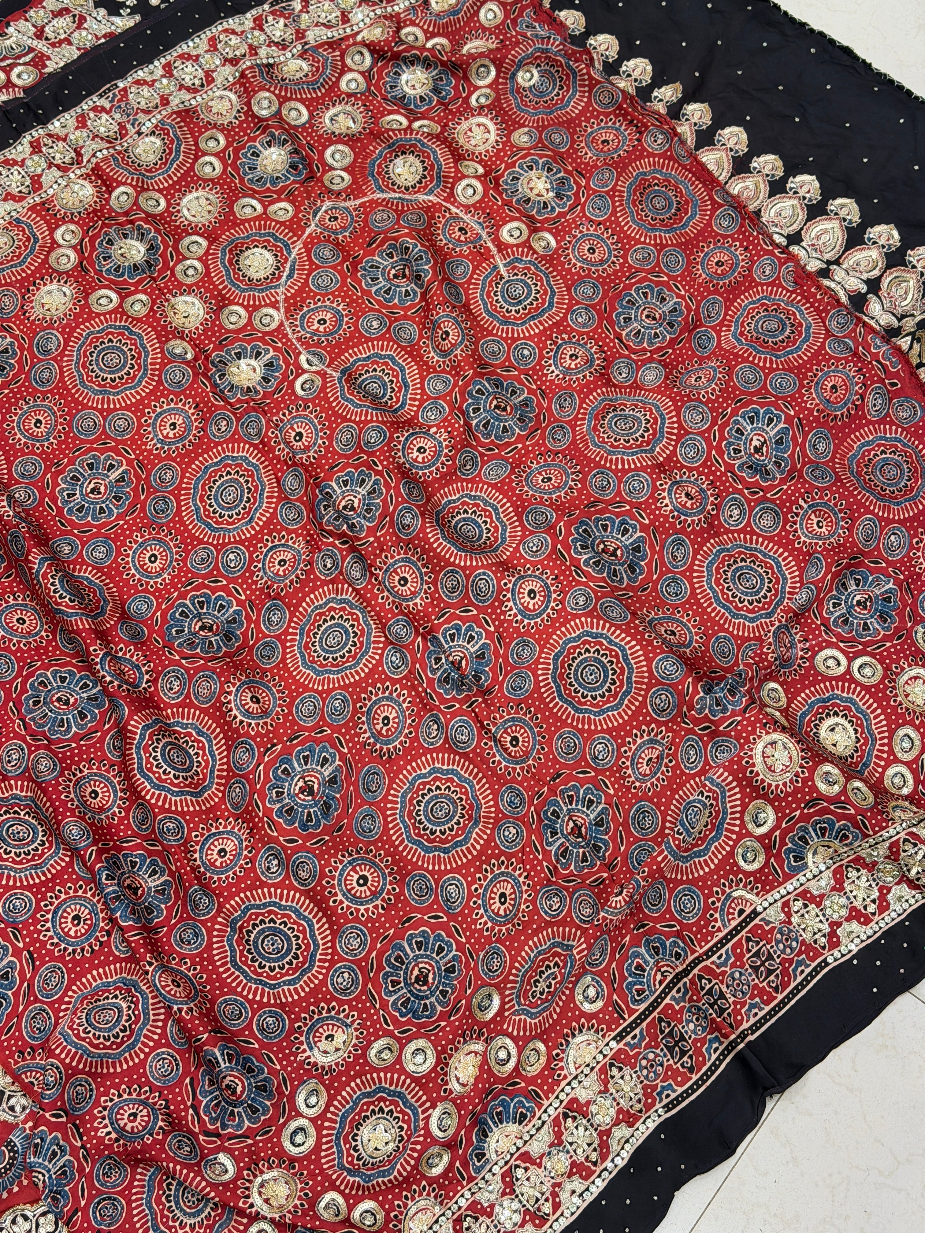 Red Black Badam Jaal Pita Sequin Ajrakh Hand Embroidery Saree