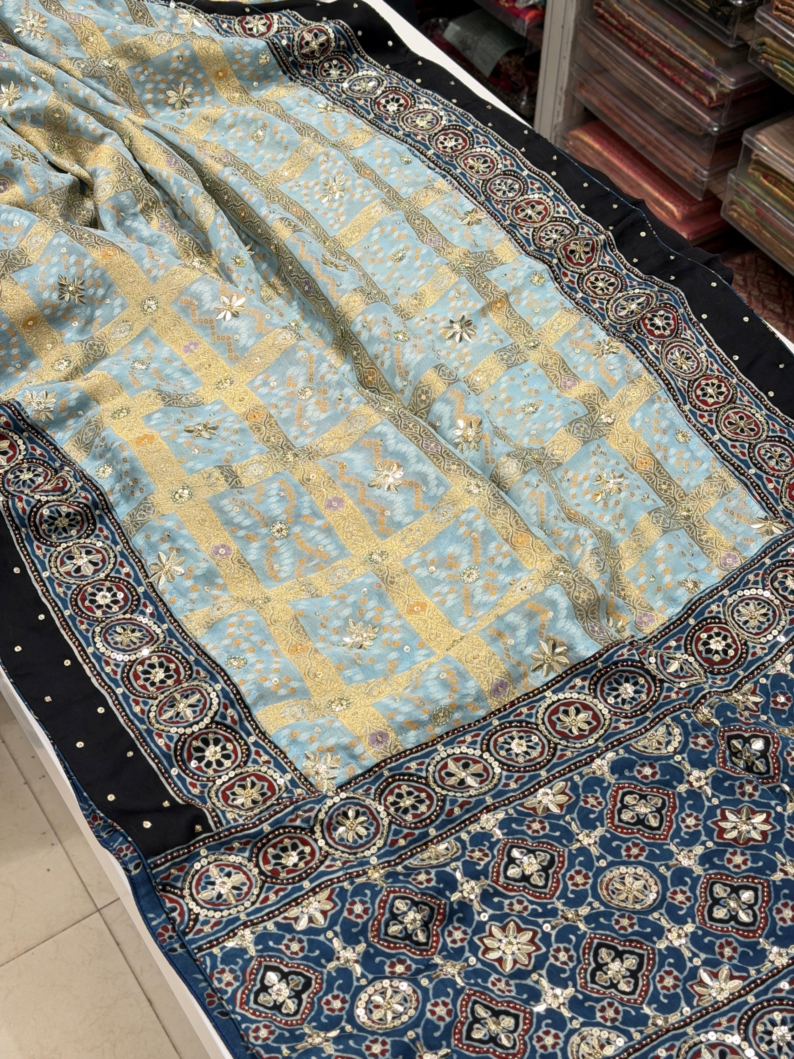 Light Blue Gharchola Georgette Ajrakh Hand Embroidery Saree