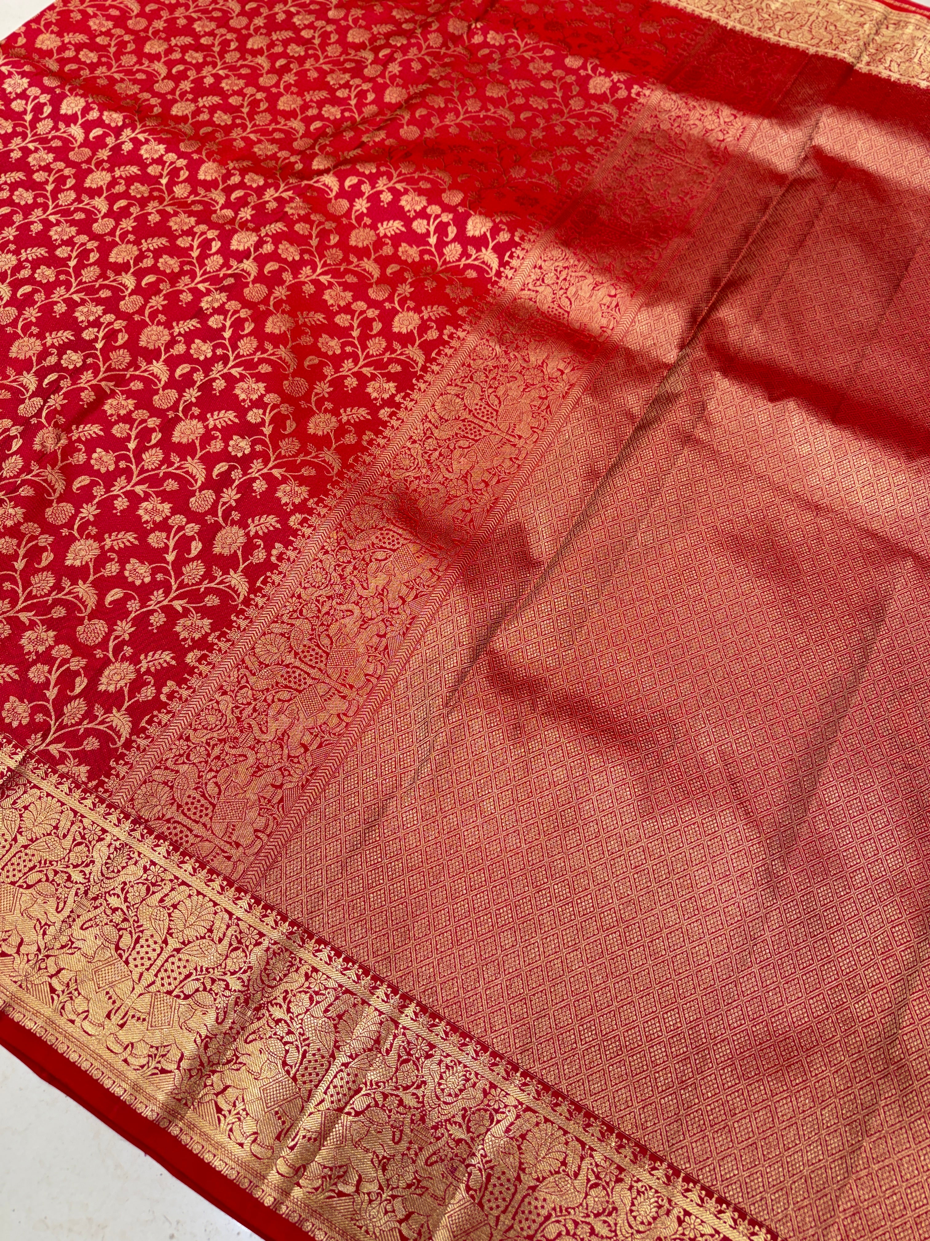 Cross Red Pure Silk Elephant Motif Kanjivaram Saree