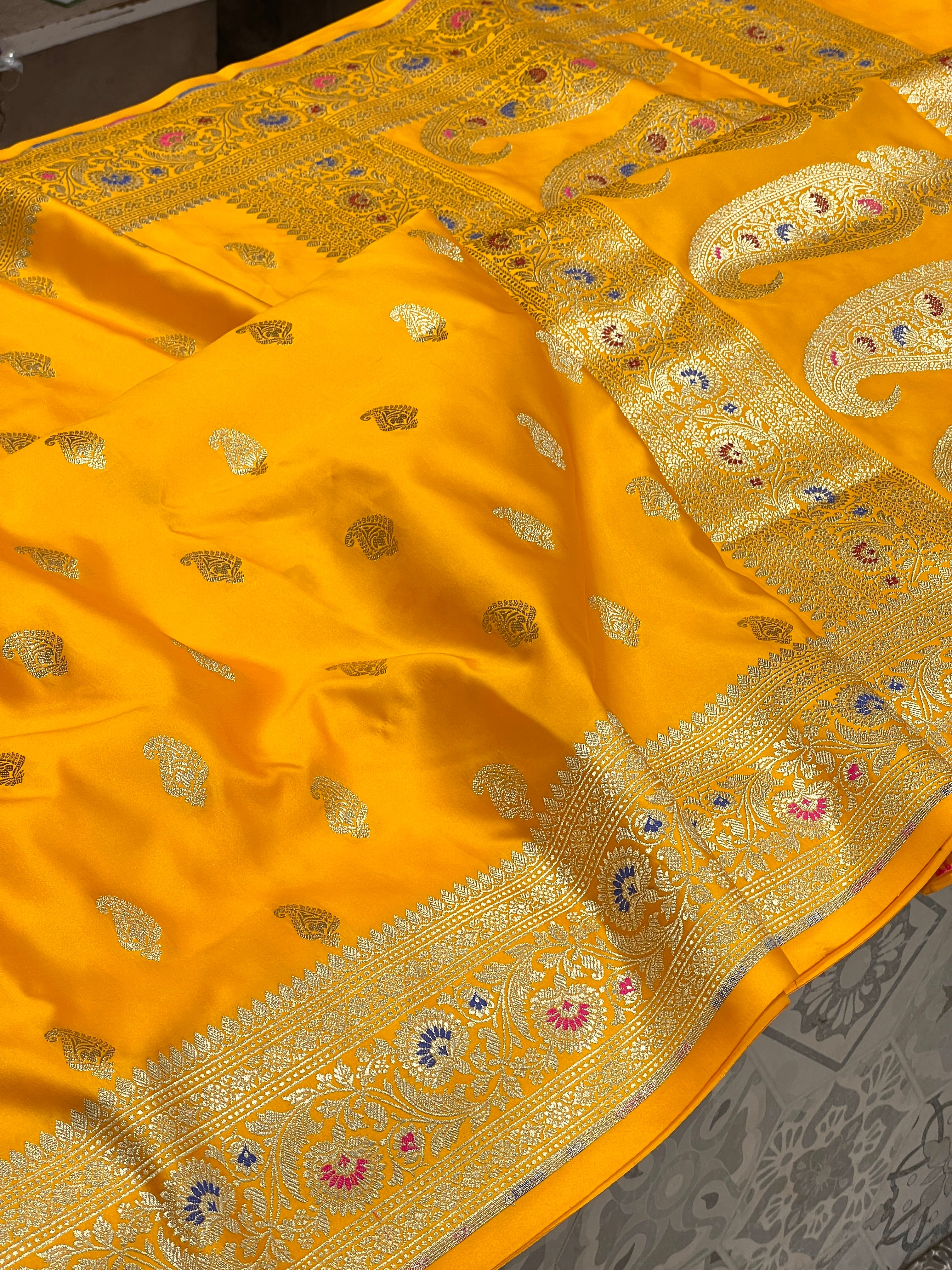 Yellow Banarasi Silk Meenakari Saree