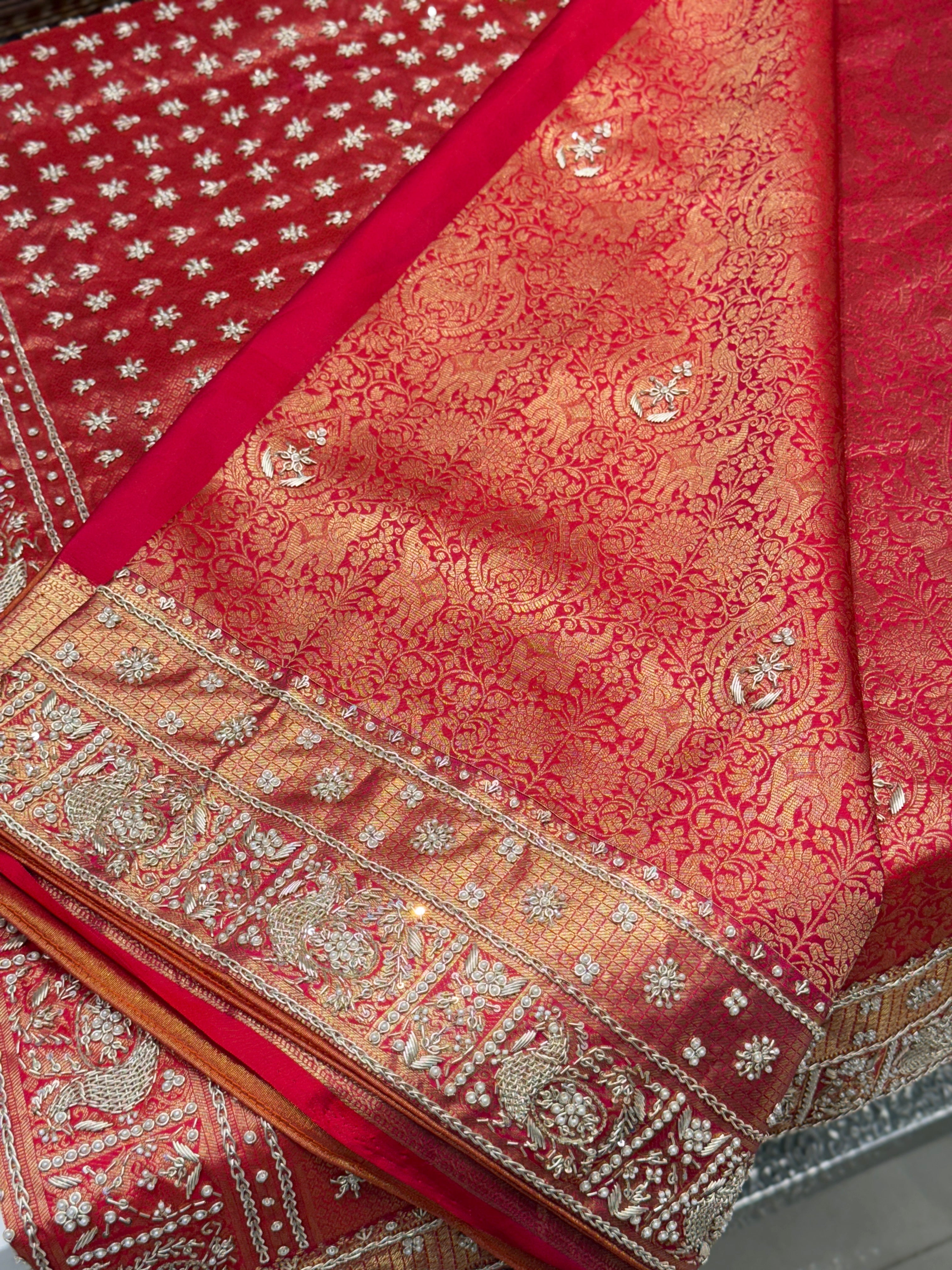 Red Kanjivaram Peacock Motif Zardozi Hand Embroidery Saree