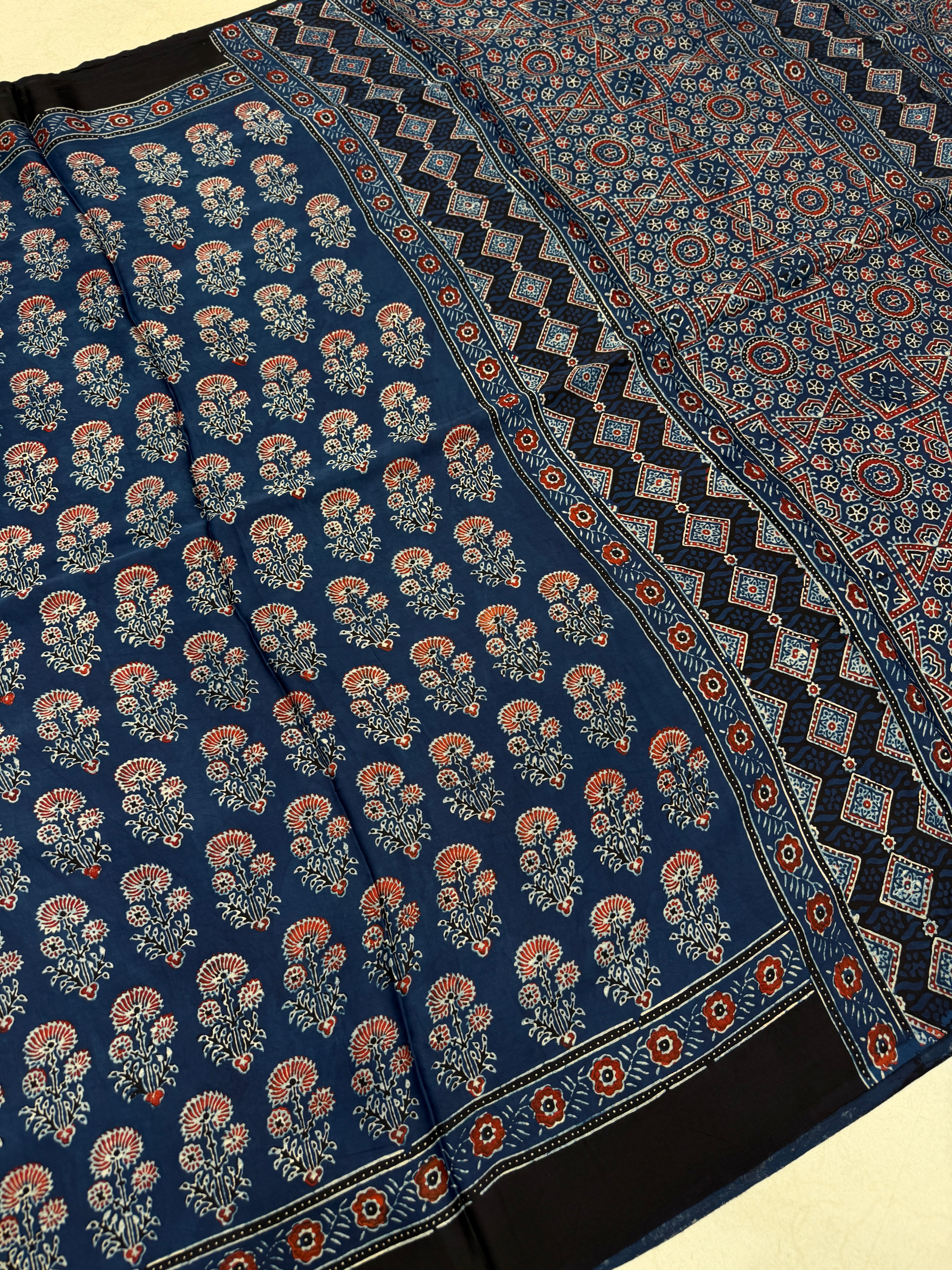 Blue Buttas Ajrakh Block Print Hand Pure Gajji Silk Saree