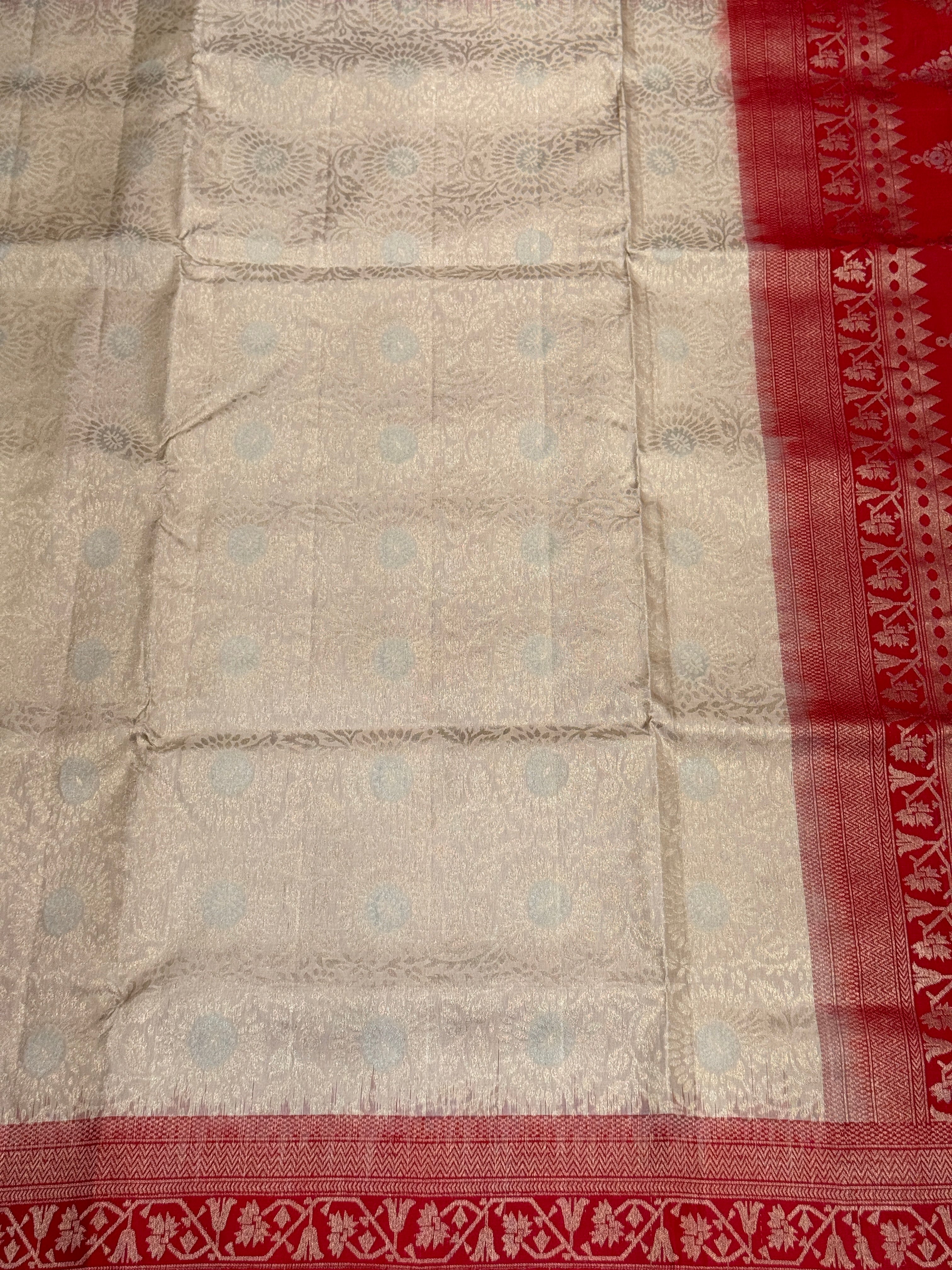 Beige Red Brocade Jaal Handloom Kanchipuram Pure Silk Saree
