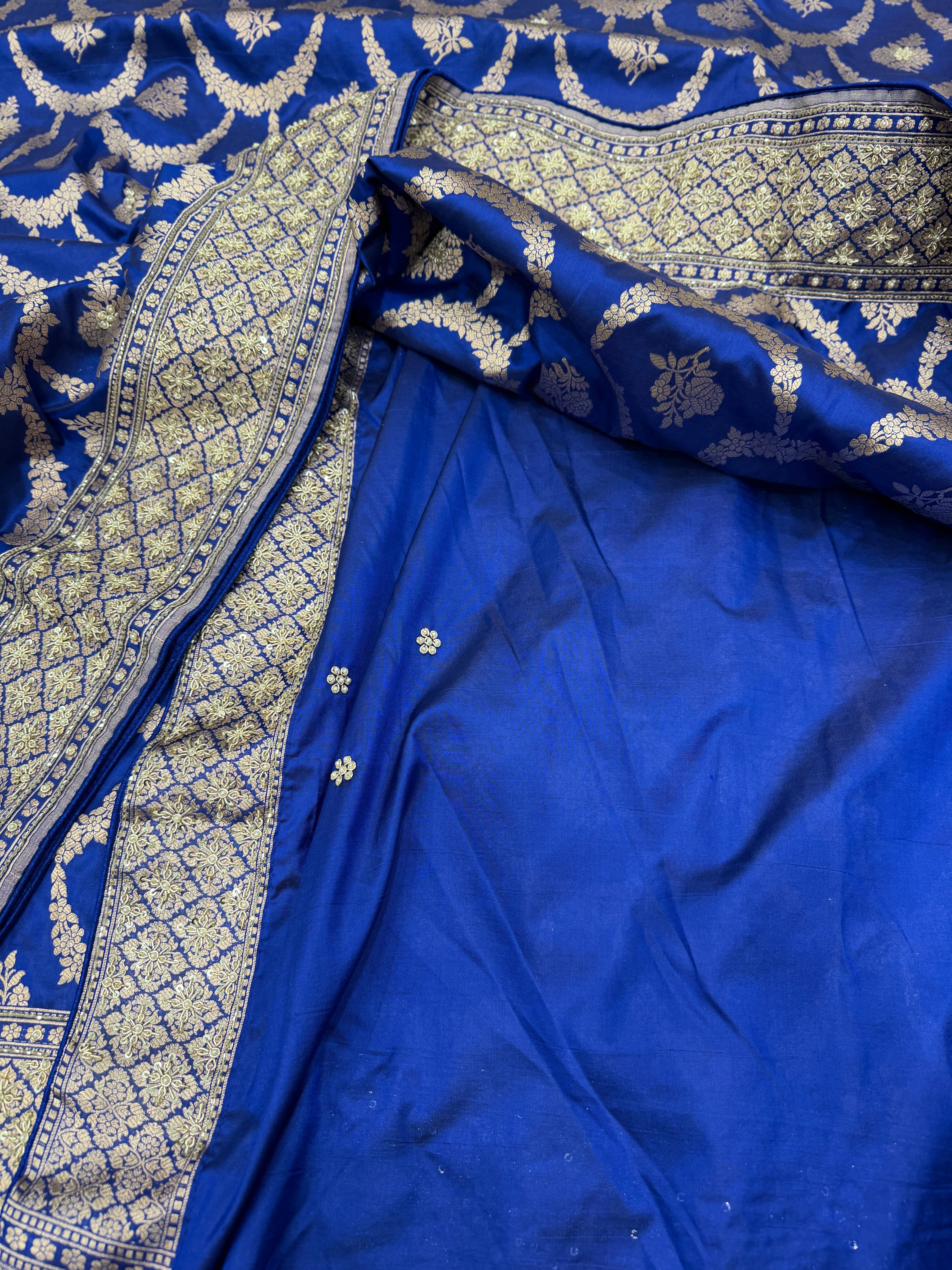 Blue Handloom Banarasi Katan Zardosi Hand Embroidery Saree