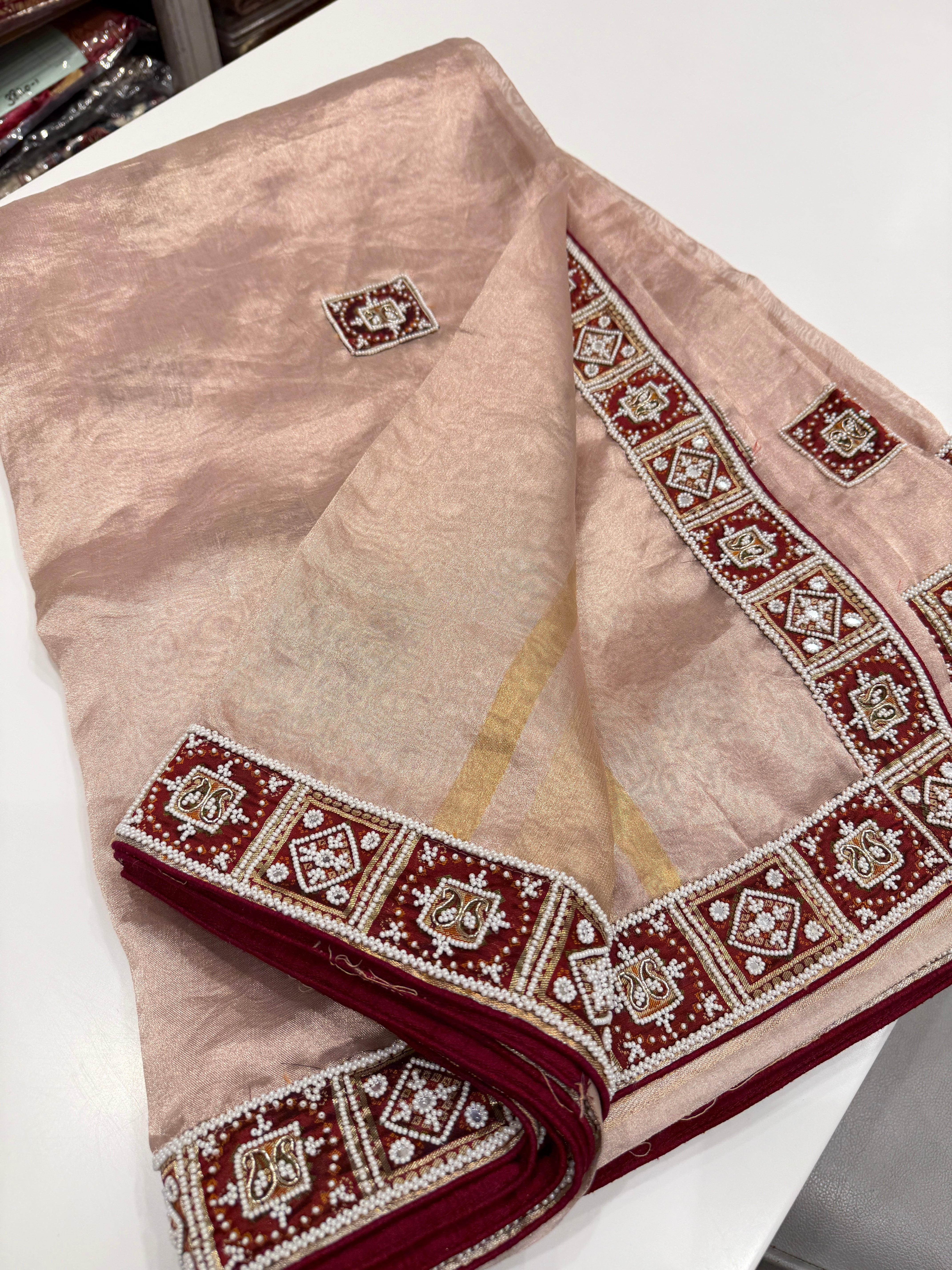 Pink Tissue Banarasi Patola Patch Work Hand Embroidery Saree