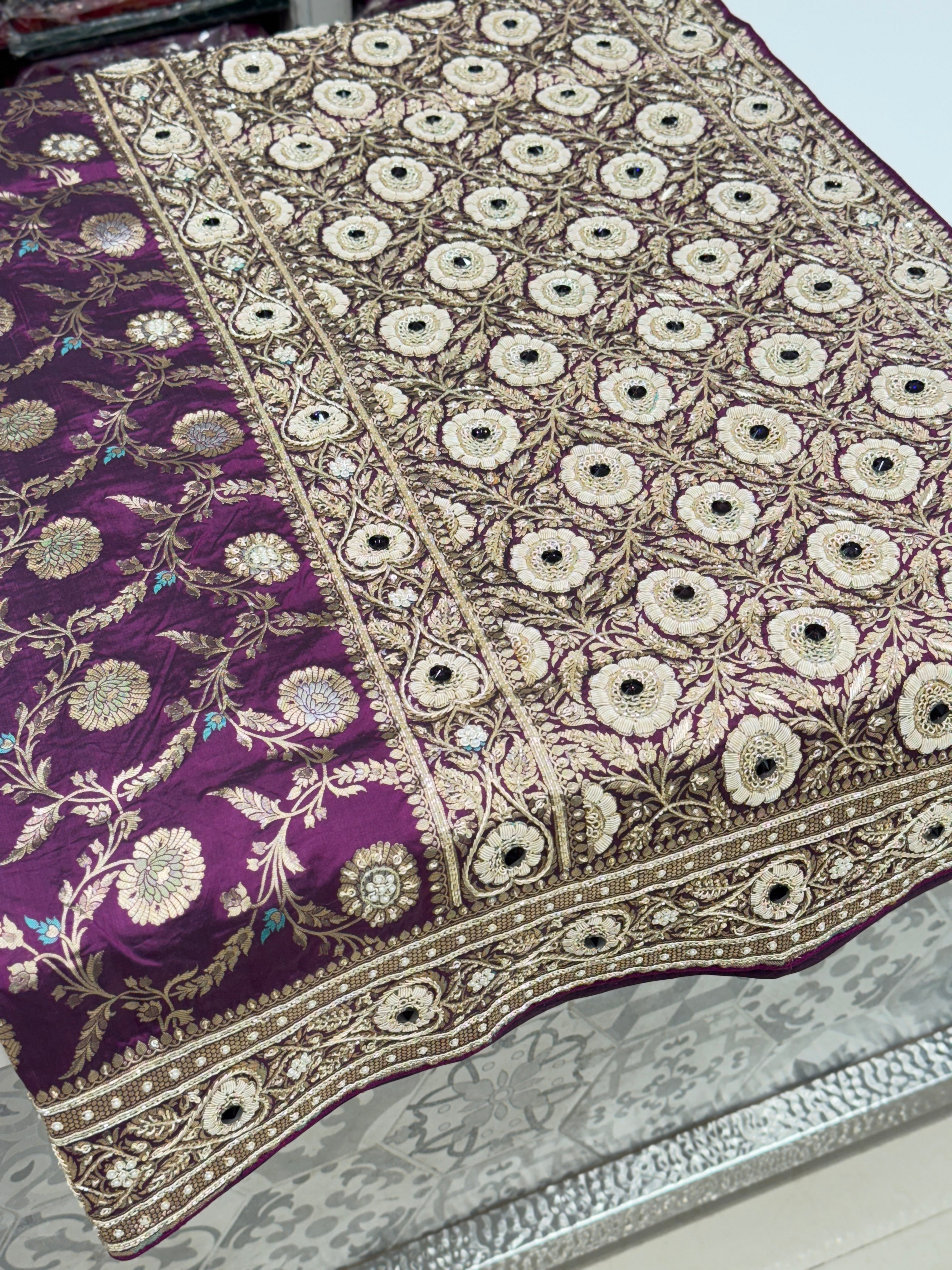 Violet Meenakari Handloom Banarasi Katan Jaal Zardosi Embroidery Saree