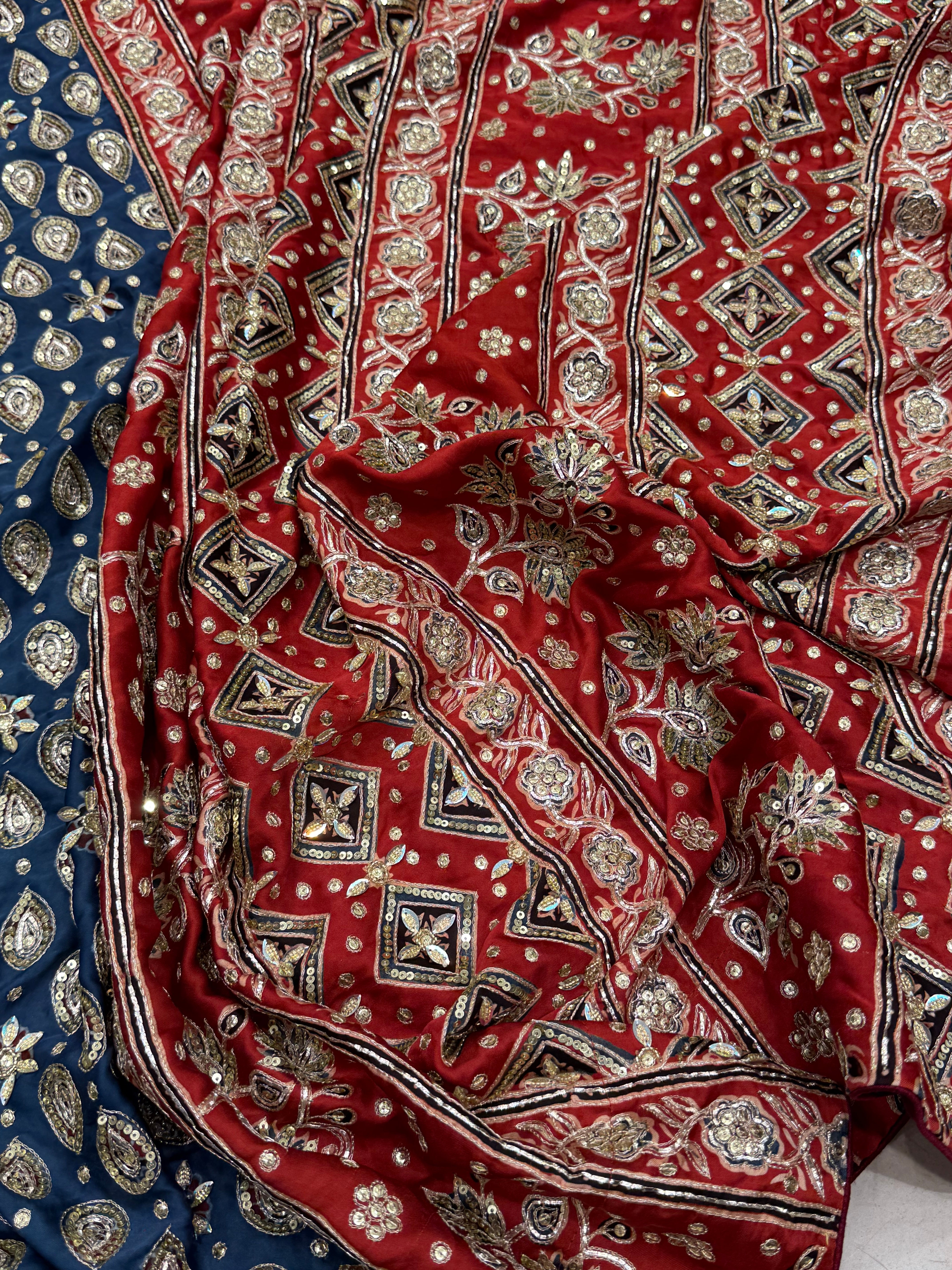 Blue Red Floral Buttis Ajrakh Hand Embroidery Saree