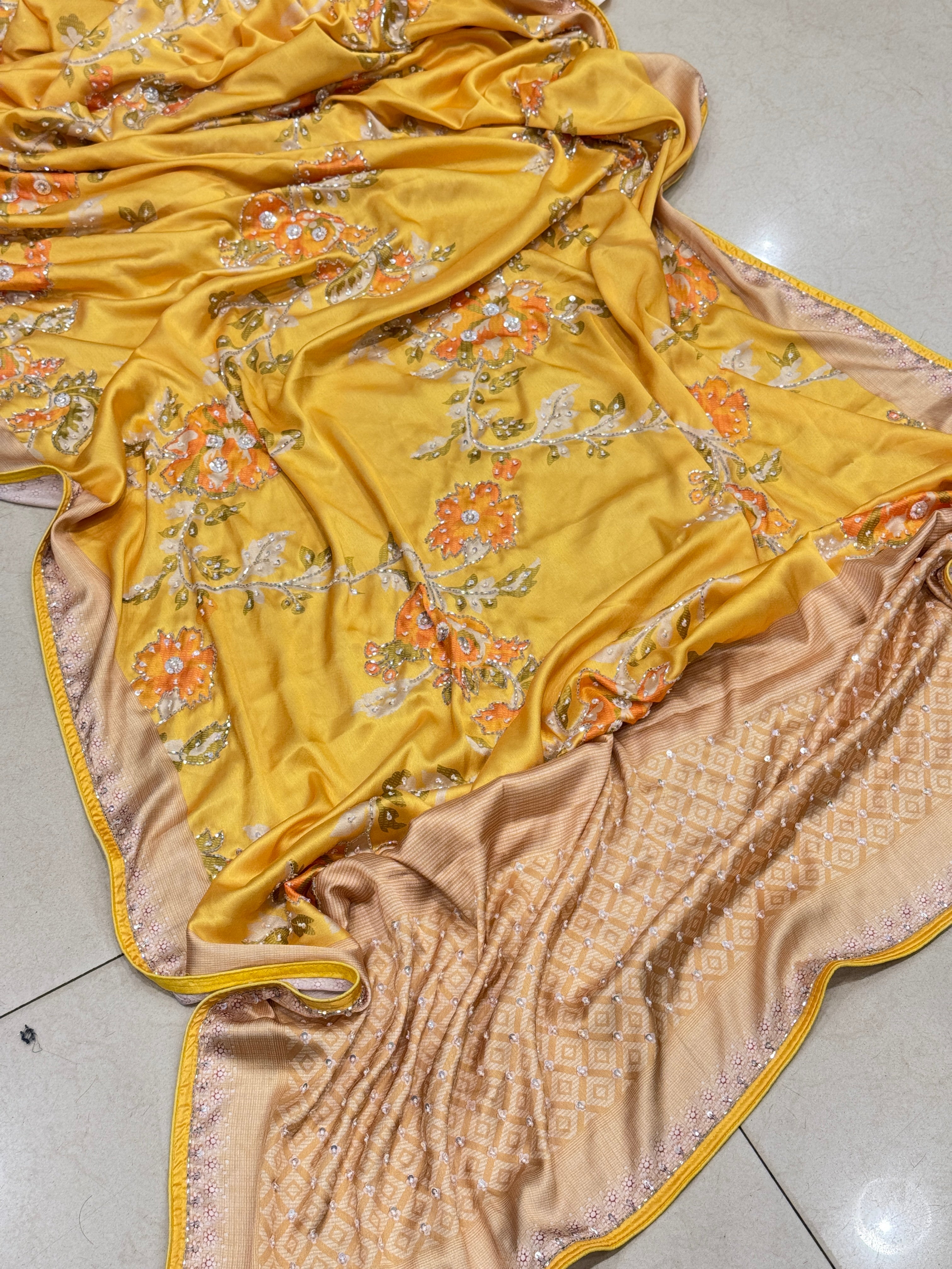 Yellow Satin Floral Print Hand Embroidery Saree