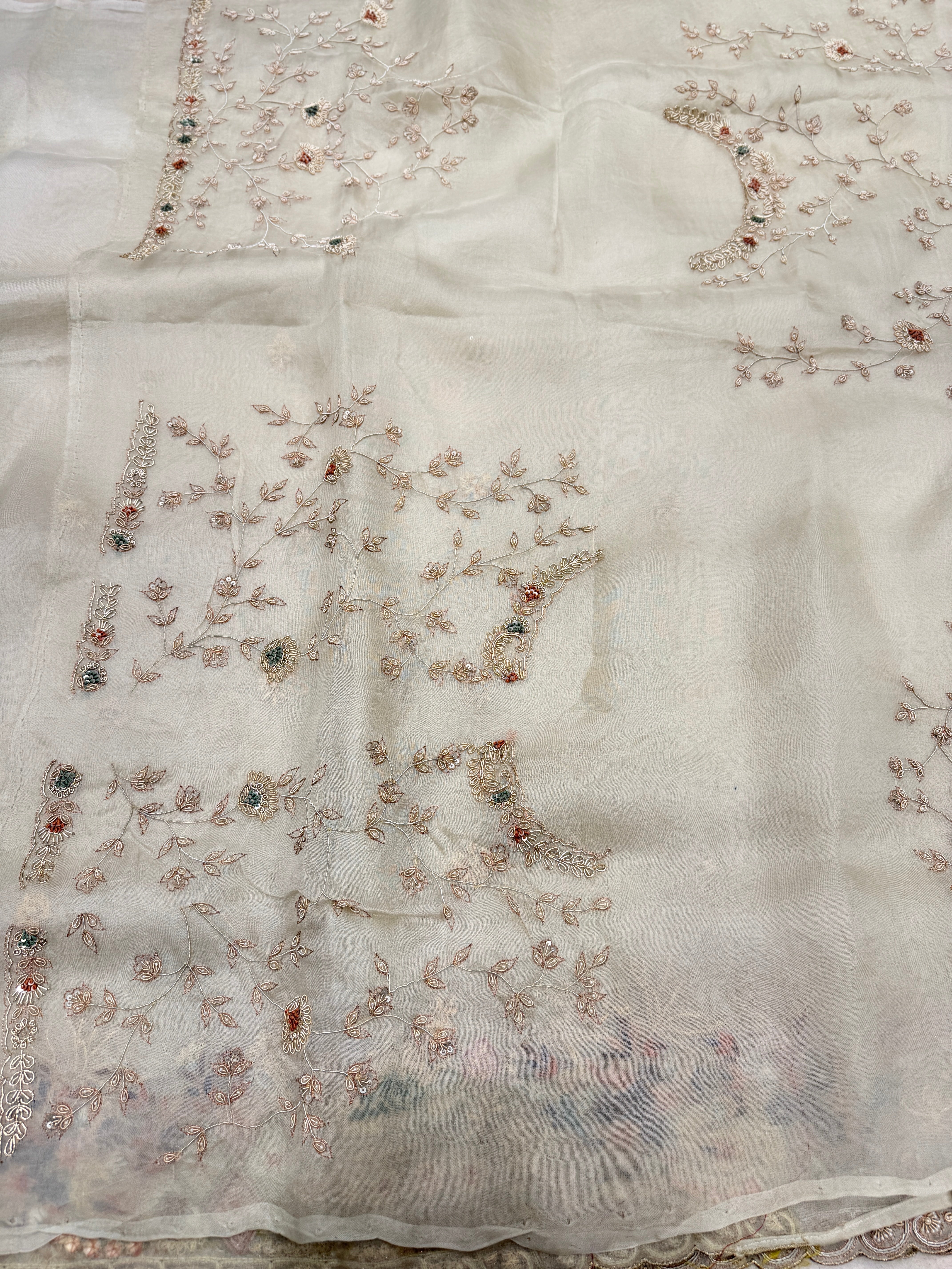 Moti White Organza Border Zardosi Resham Hand Embroidery Saree