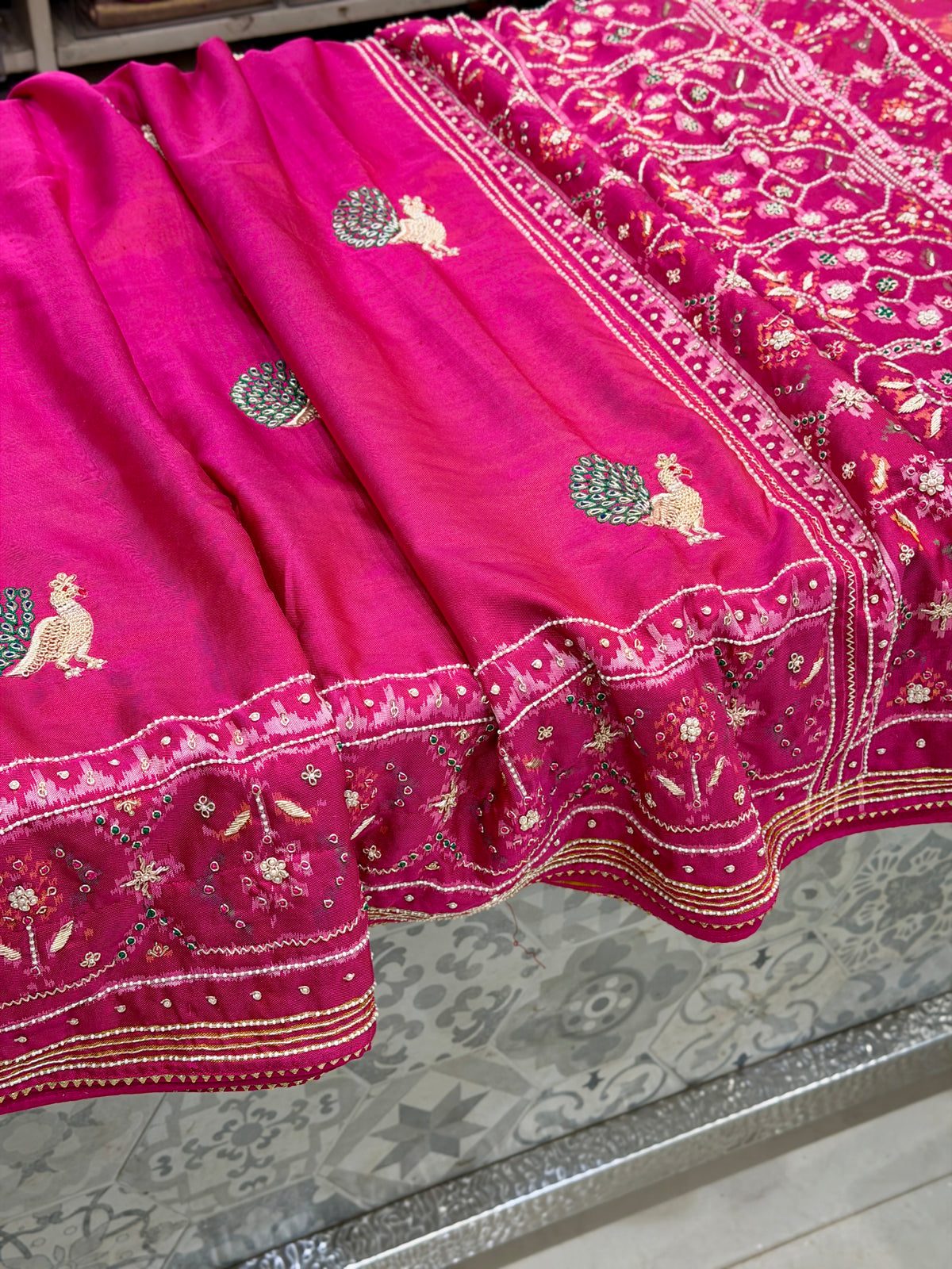 Rani Pink Peacock Motif Patan Patola Hand Embroidery Zardosi Saree