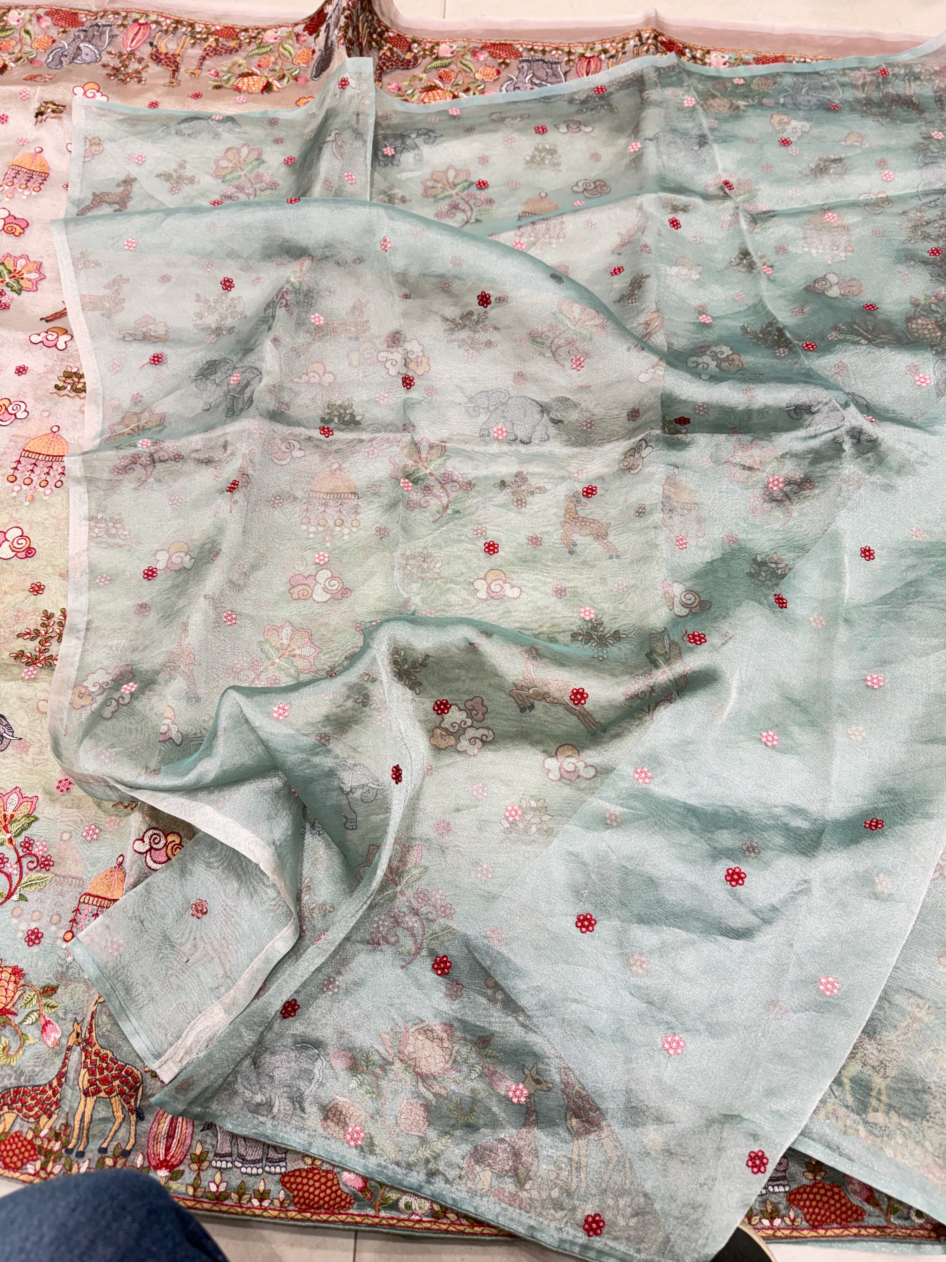 Nita Ambani Vantara Inspired Jamdani Style Embroidery Tissue Silk Saree