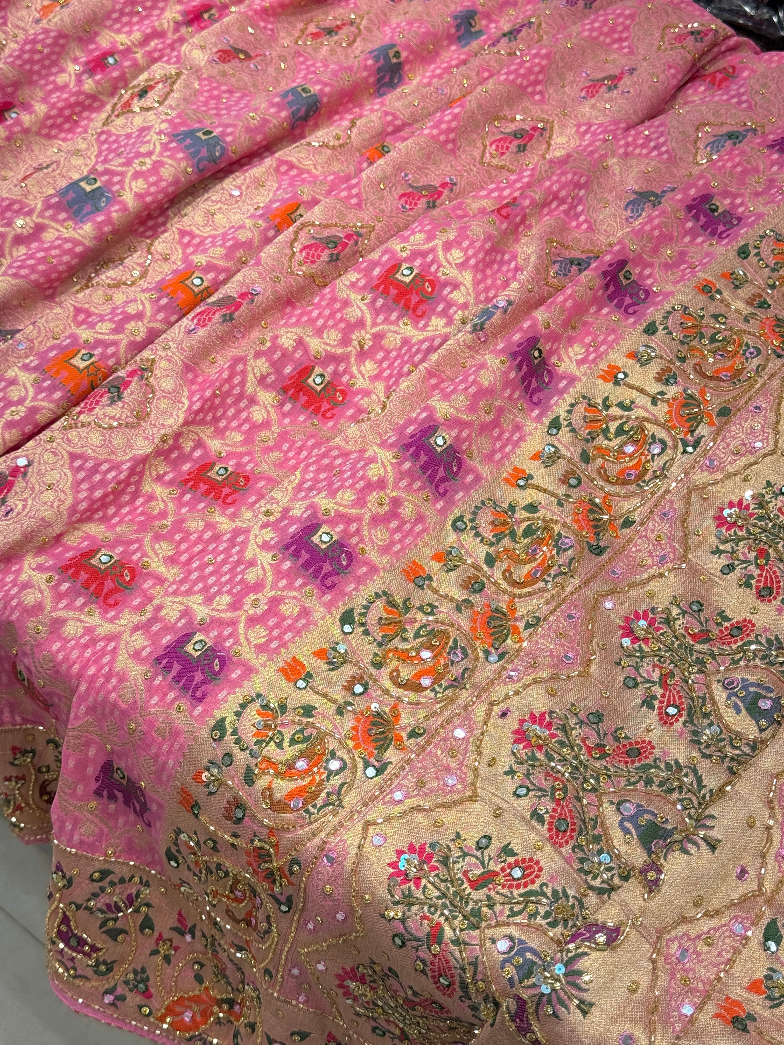 Pink Woven Bandhej Peacock Elephant Motifs Gharchol Embroidery Saree