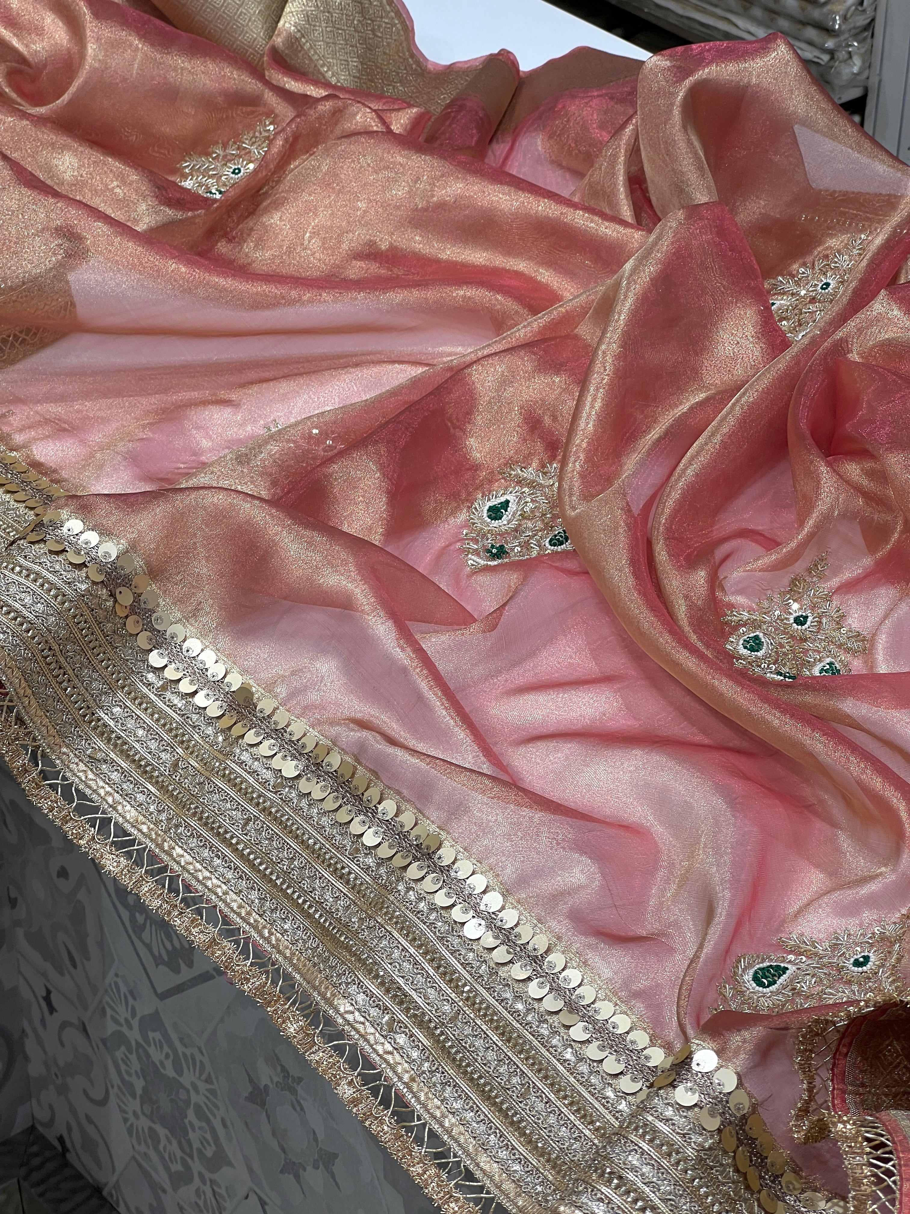 Reddish Pink Tissue Zardozi Butta Saree