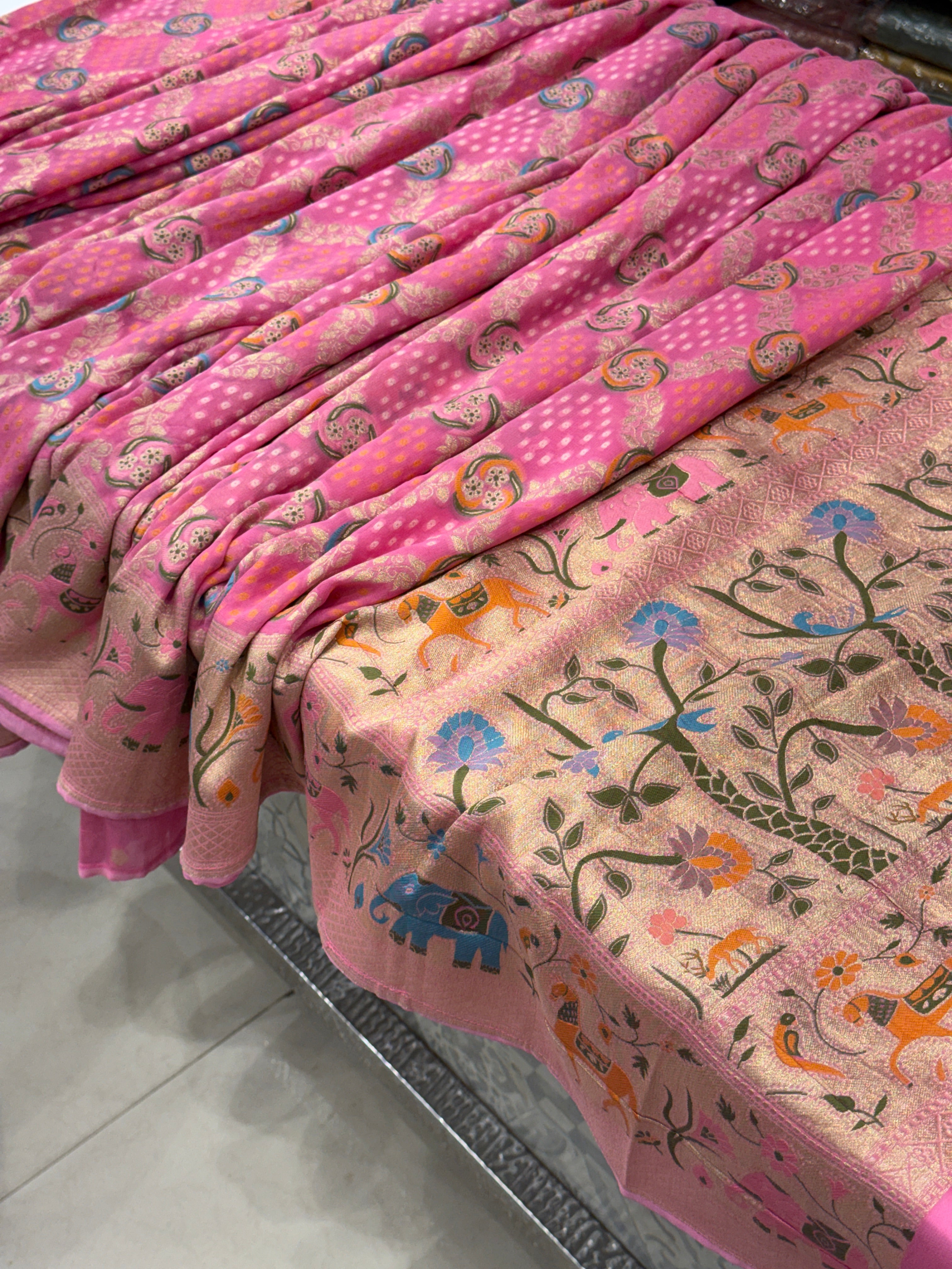 Pink Meenkari Asvah Hastin Border Woven Bandhej Saree