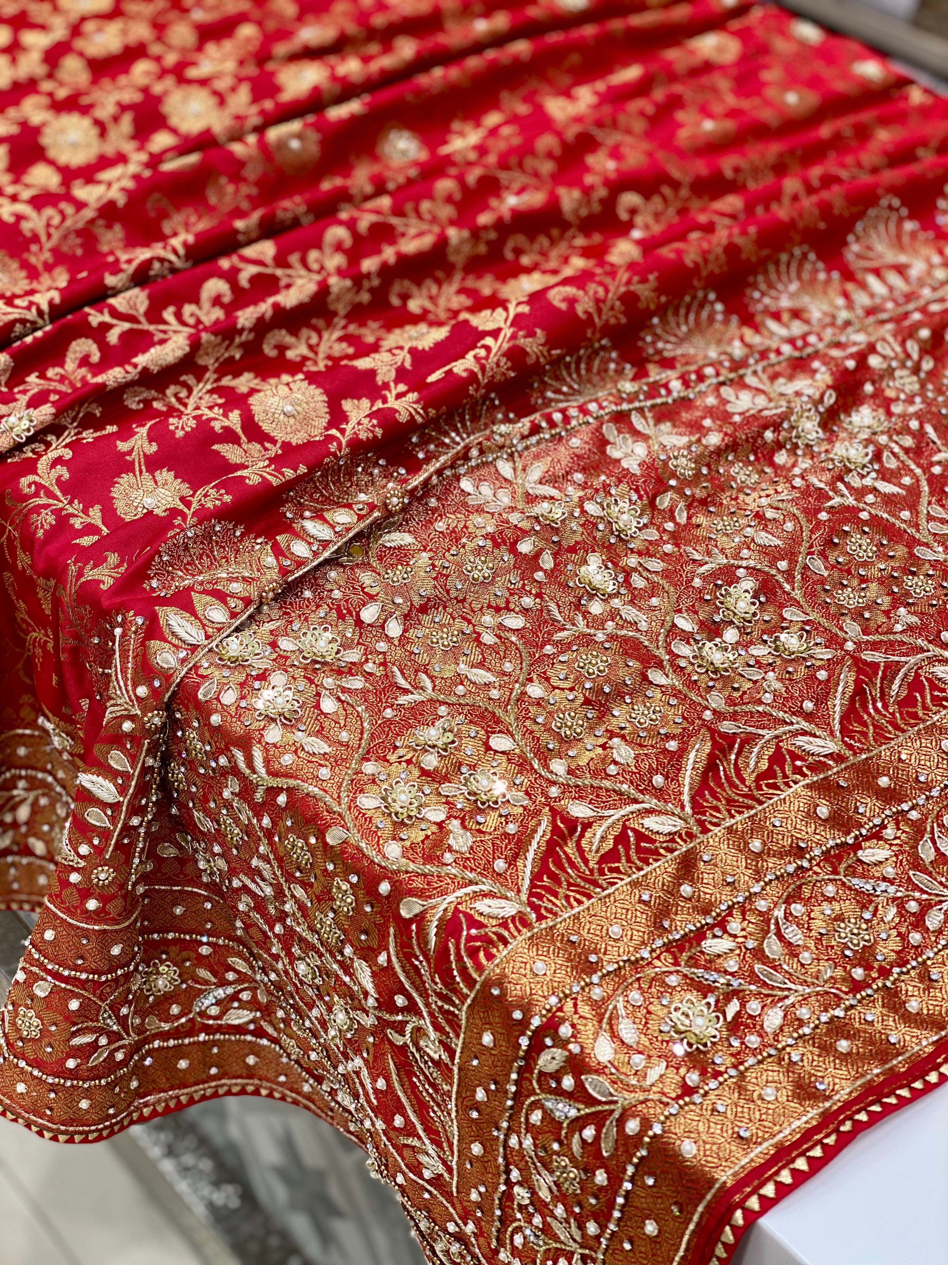 Red Banarasi Small Jaal Hand Embroidery Saree