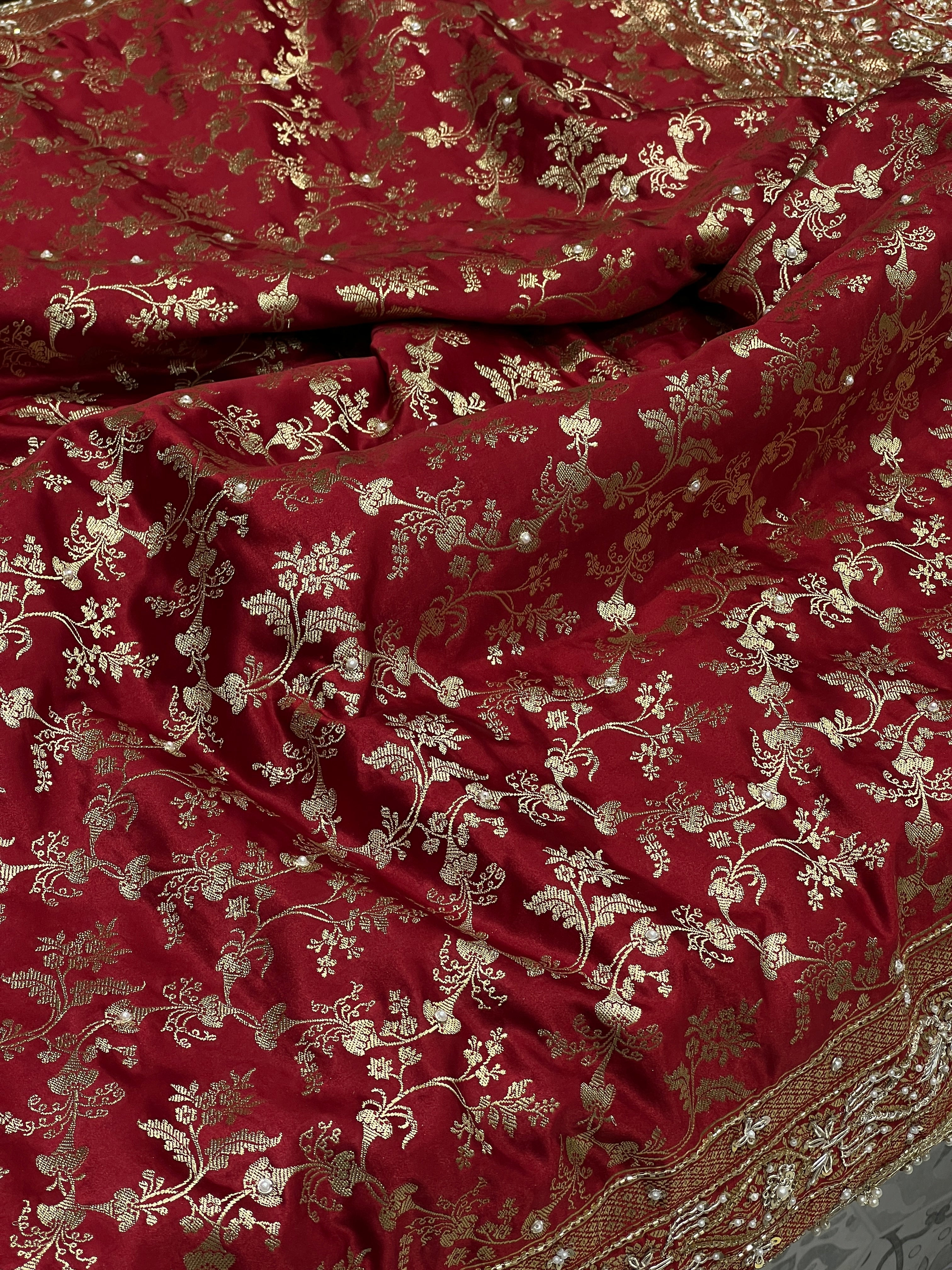 Maroon Banarasi Bloom Border Hand Embroidery Saree