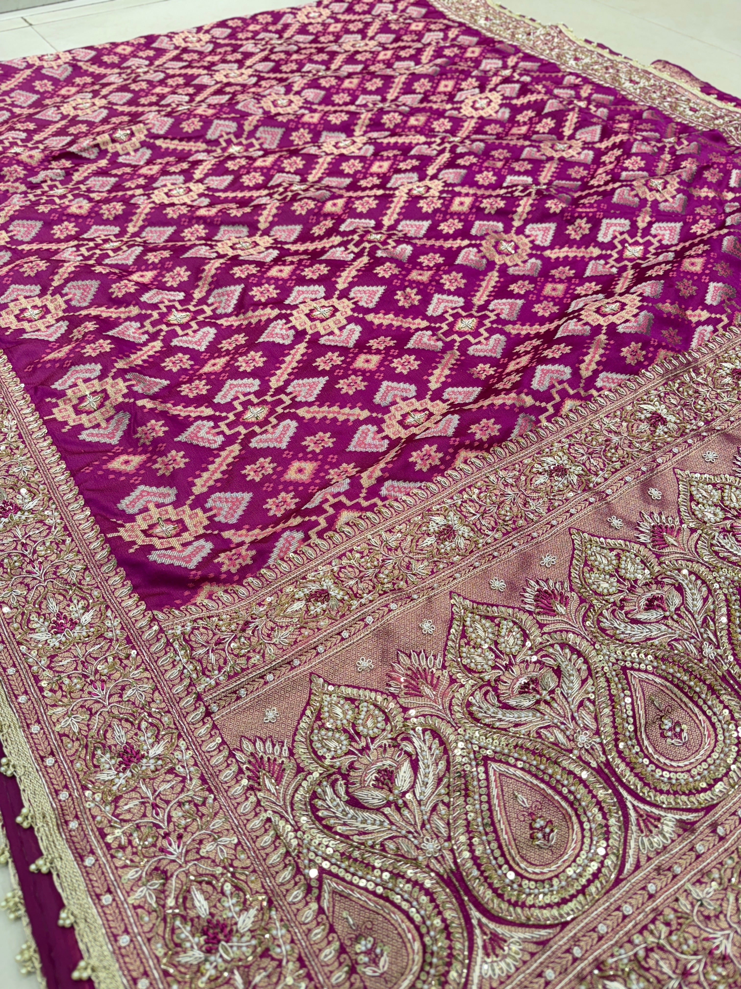 Wine Banarasi Patola Zardosi Knot Embroidery Saree