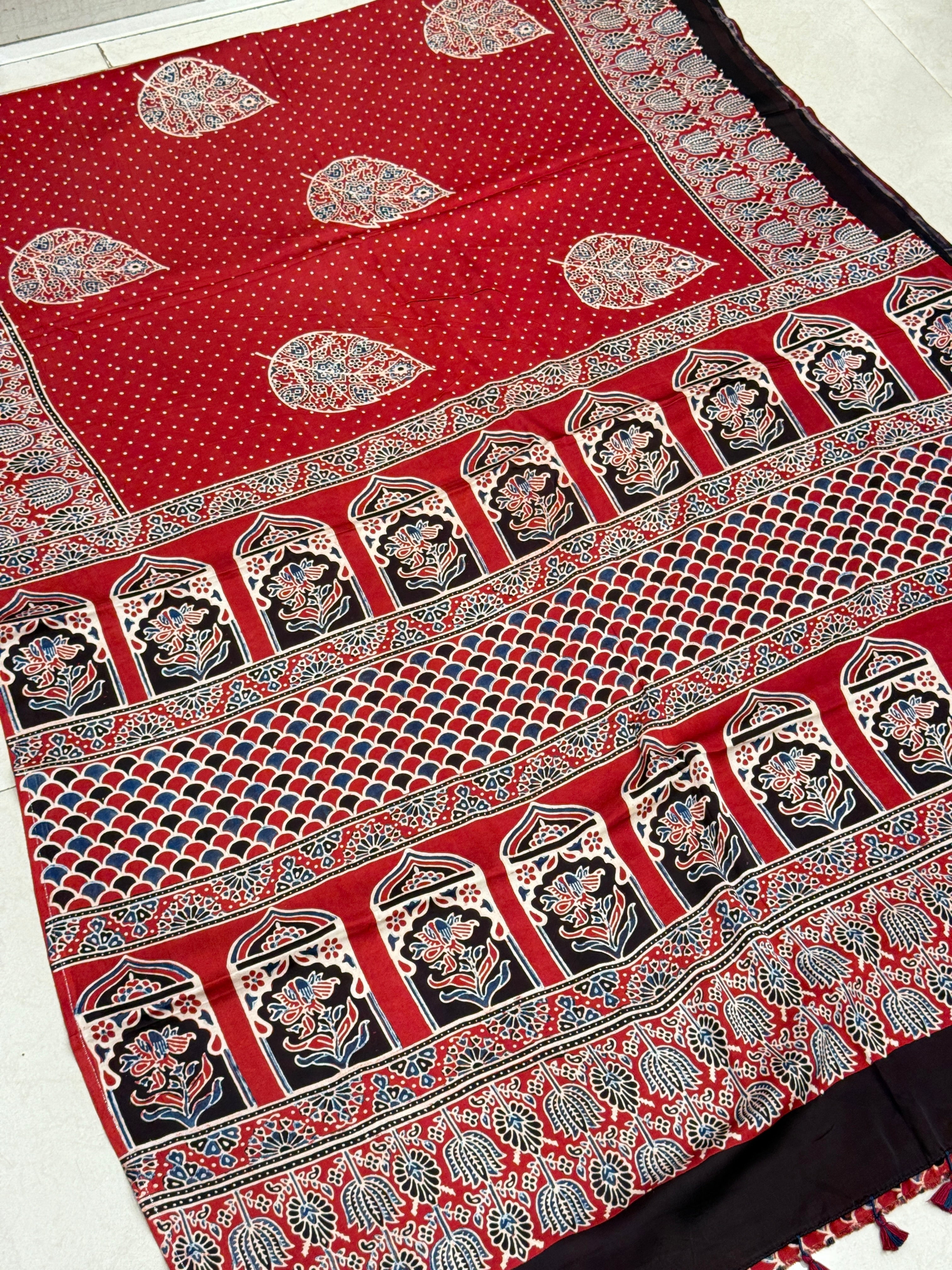 Red Butti Leaf Modal Gajji Silk Handblock Print Ajrakh Saree