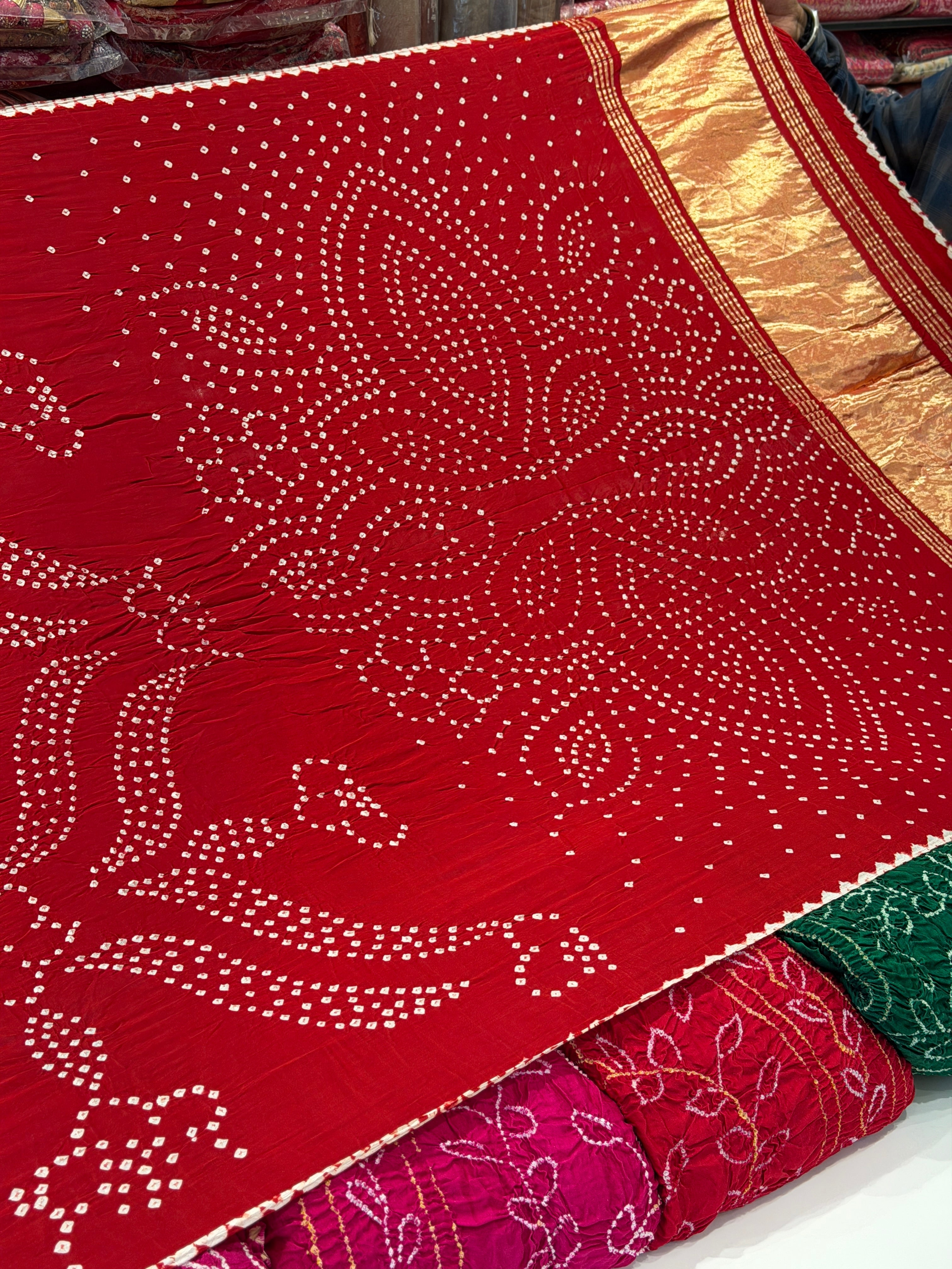 Red Contemporary Dani Pure Gajji Silk Rai Bandhej Hand Made Saree