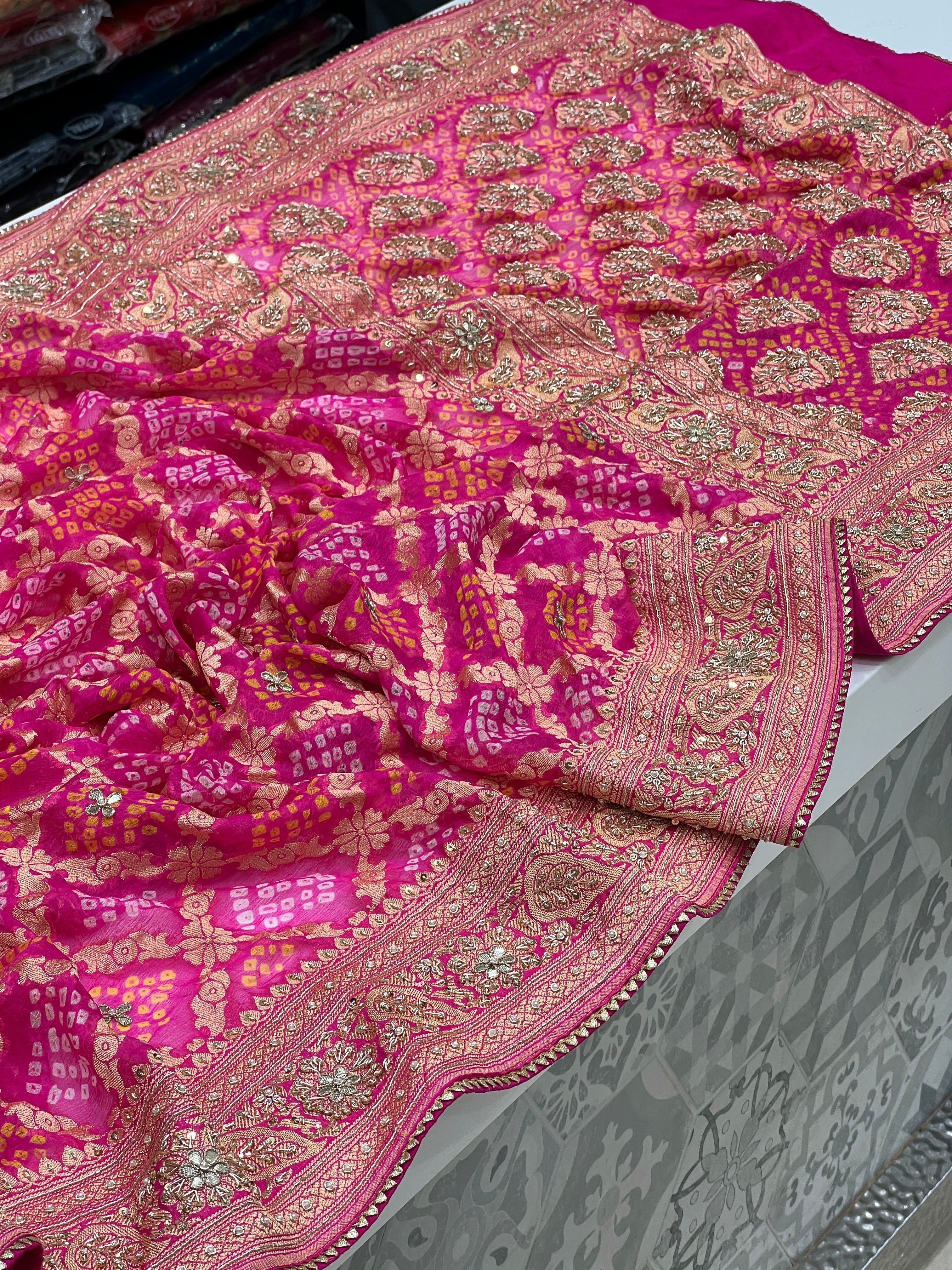 Pink Bandhej Intricate Hand Done Zardosi Saree