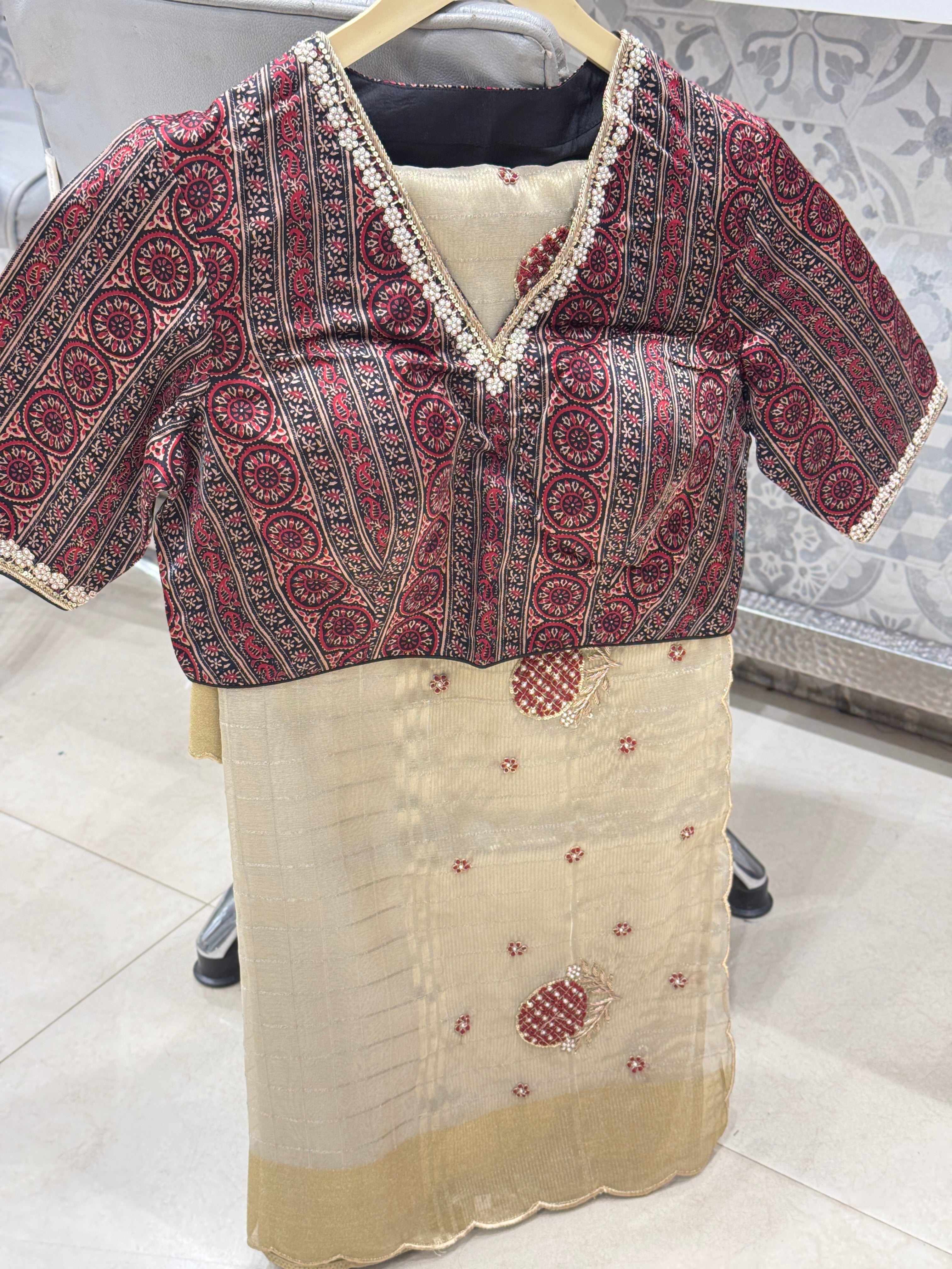 Golden Tissue With Ajrakh Ready Blouse Hand Embroidery