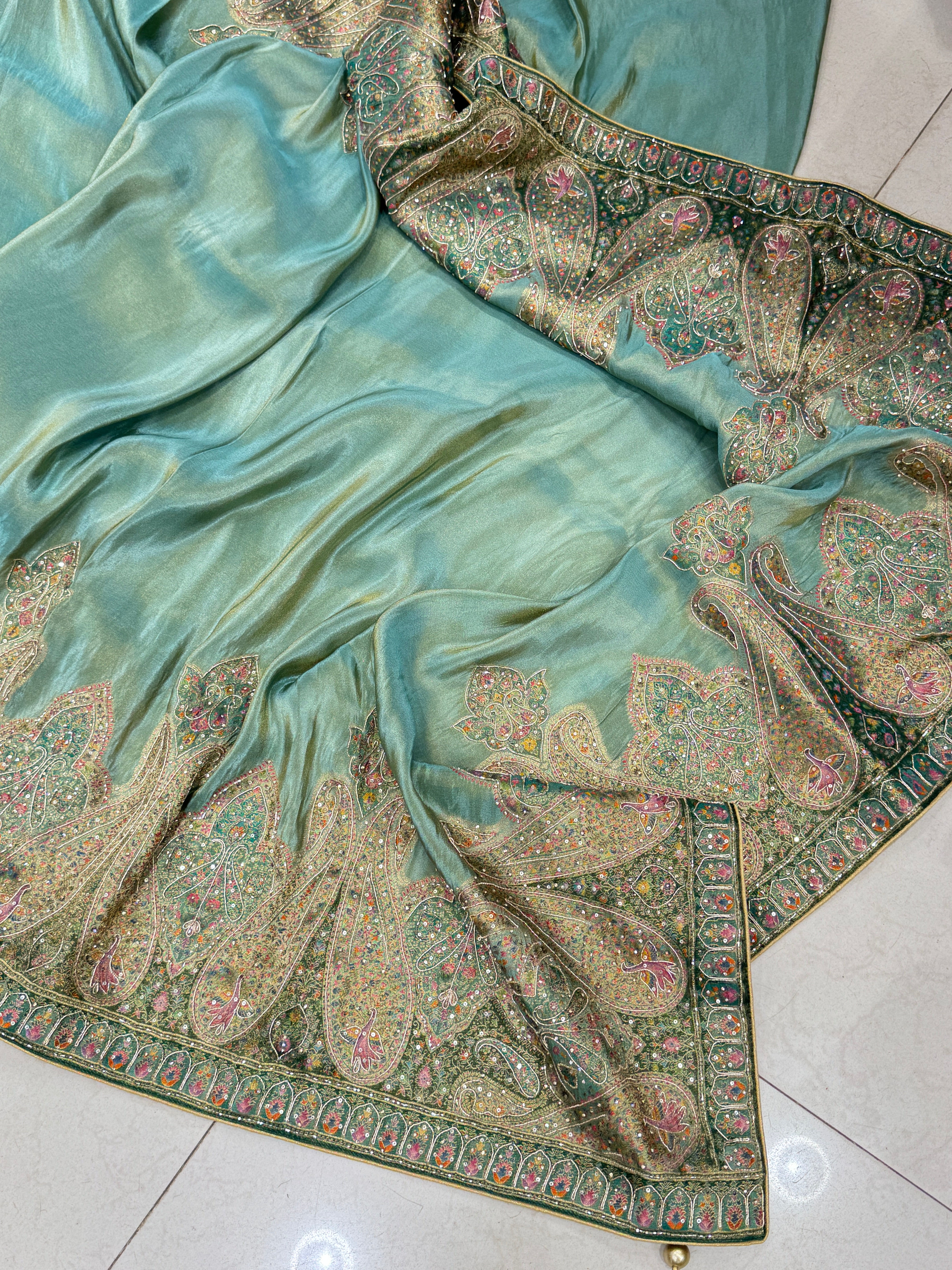 Sea Green Crepe Tissue Pashmina Style Embroidery Saree