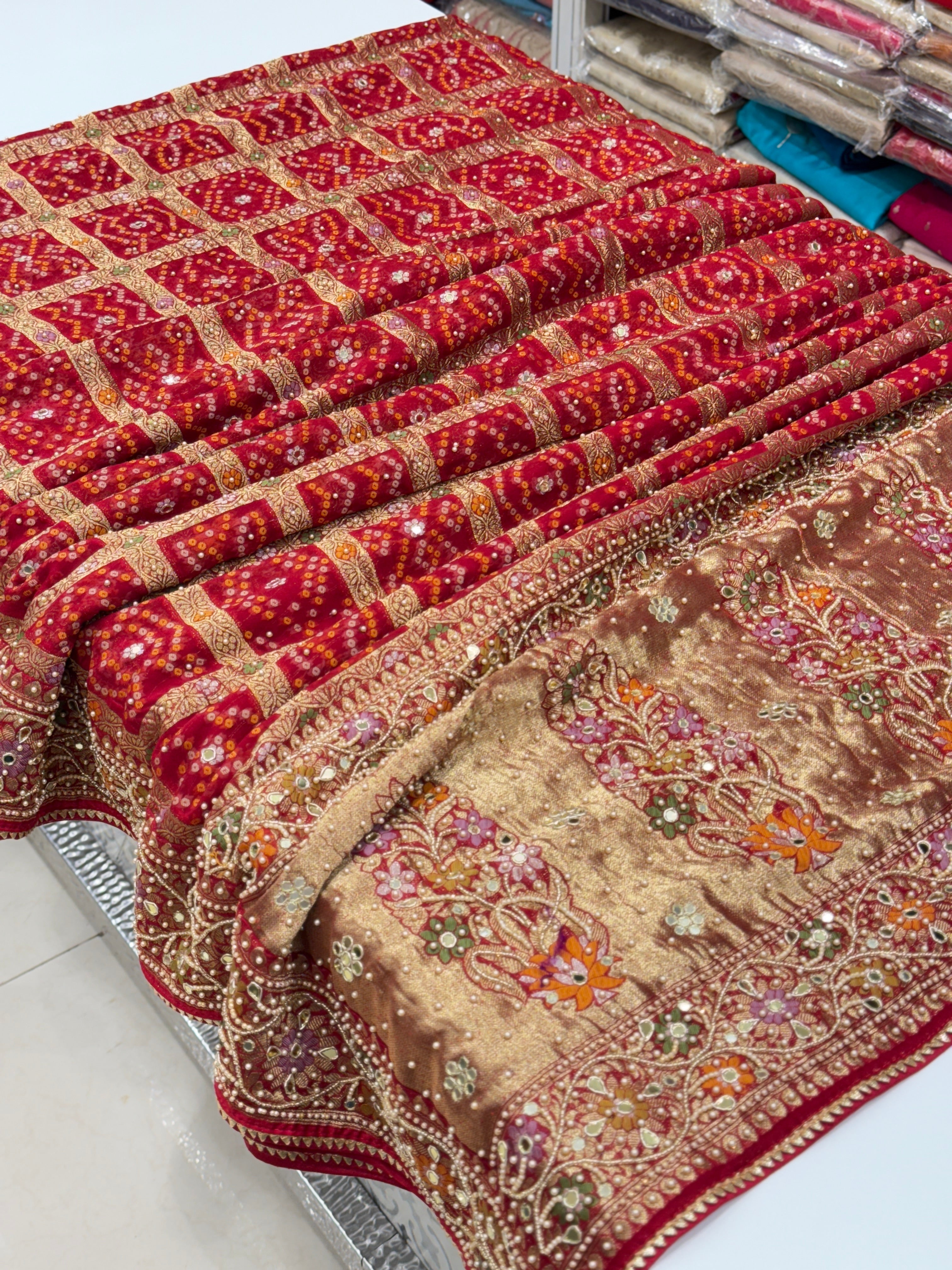Red Gharchola Meenakari Moti Hand Embroidery Saree