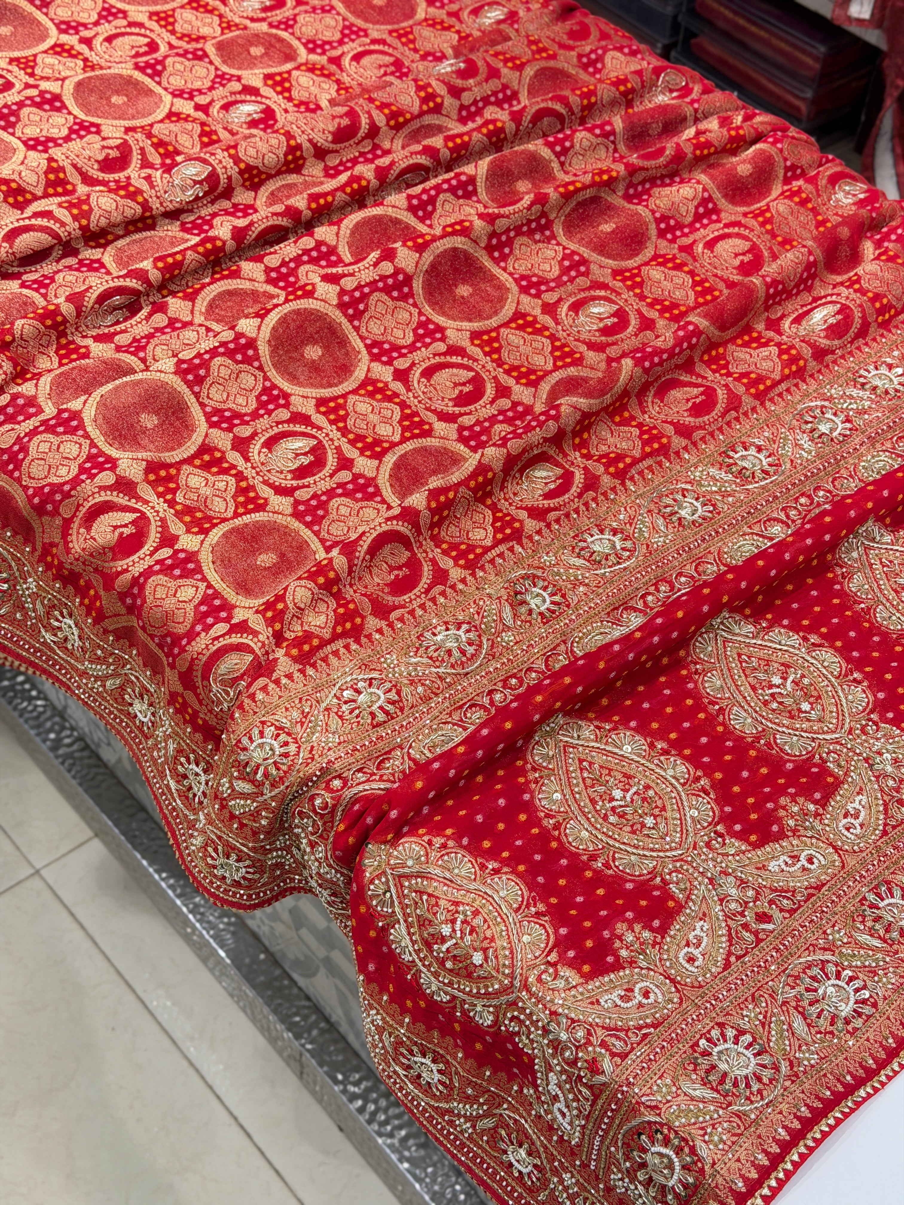 Red Woven Bandhej Zardodi Hand Embroidery Saree