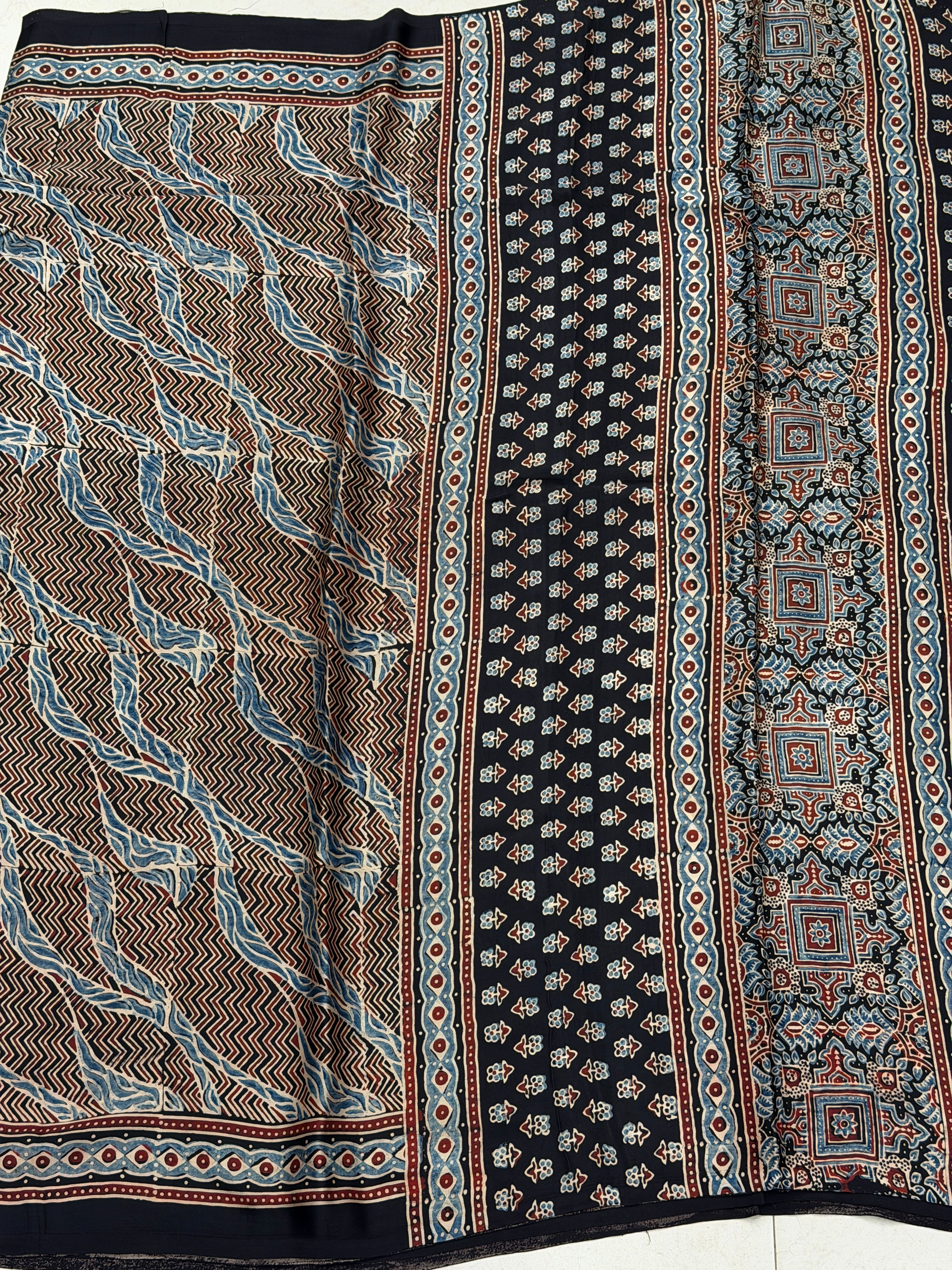 Black Blue Modern Style Ajrakh Hand Block Print Pure Modal Silk Saree